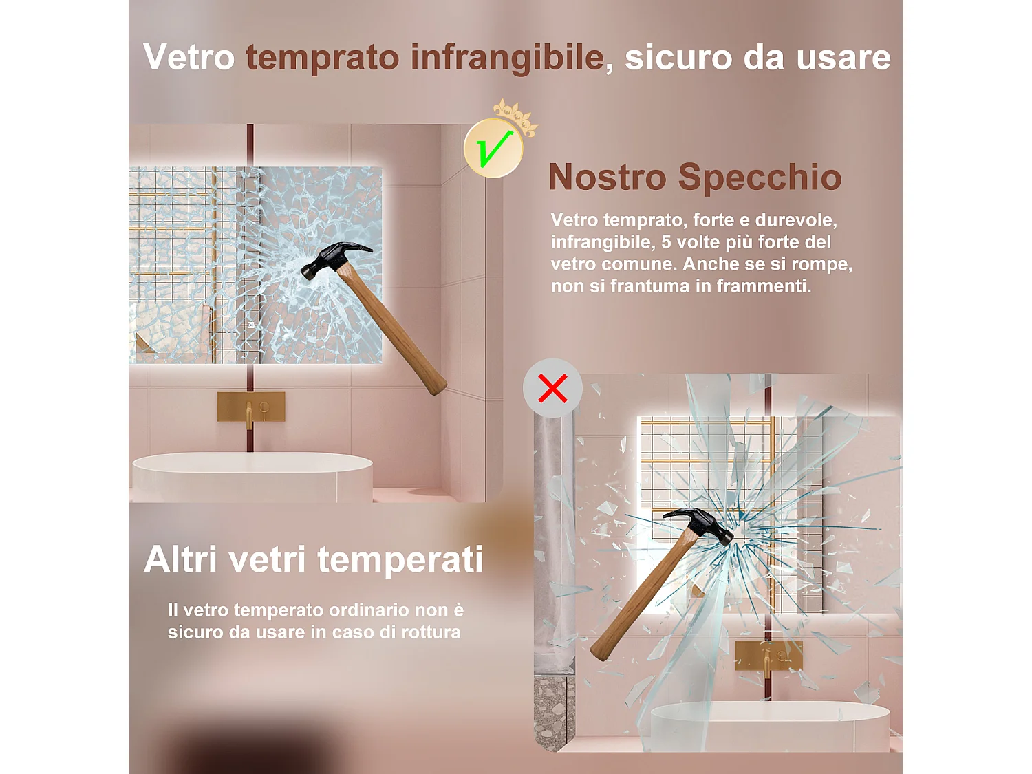 AICA Specchio da bagno 90 x 70 cm, antiappannamento, dimmerabile, interruttore touch, Funzione Memoria