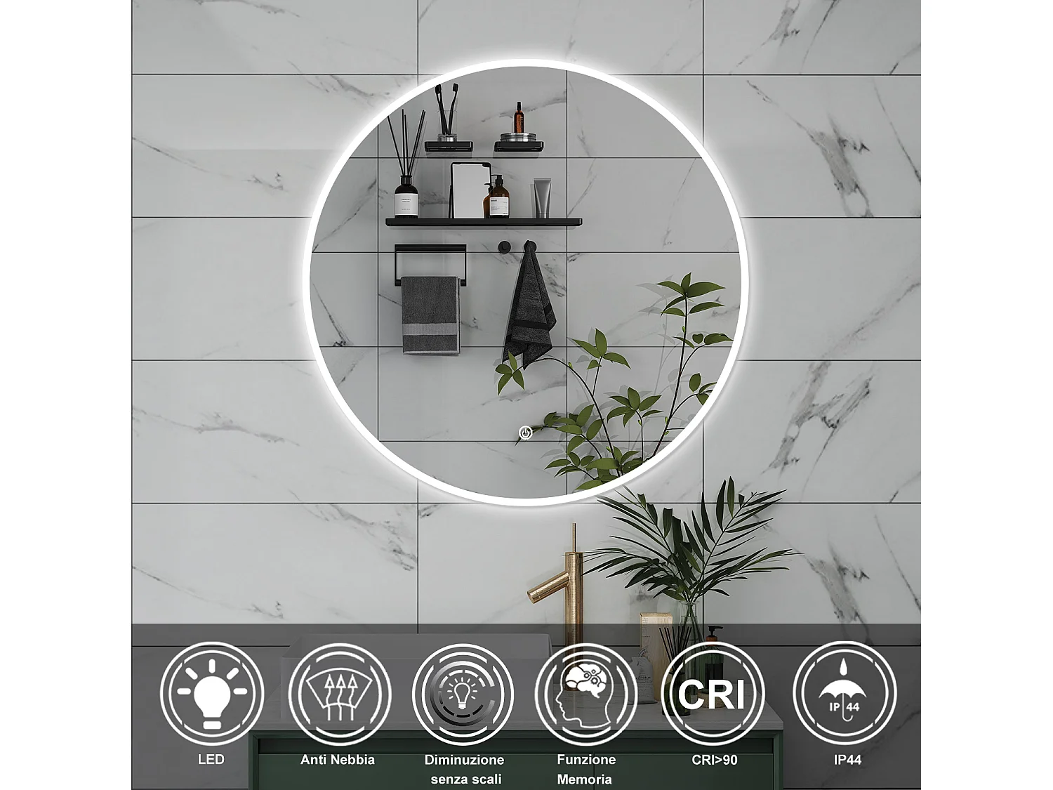 AICA Specchio da bagno 120 x 120 cm, antiappannamento, dimmerabile, interruttore touch, Funzione Memoria