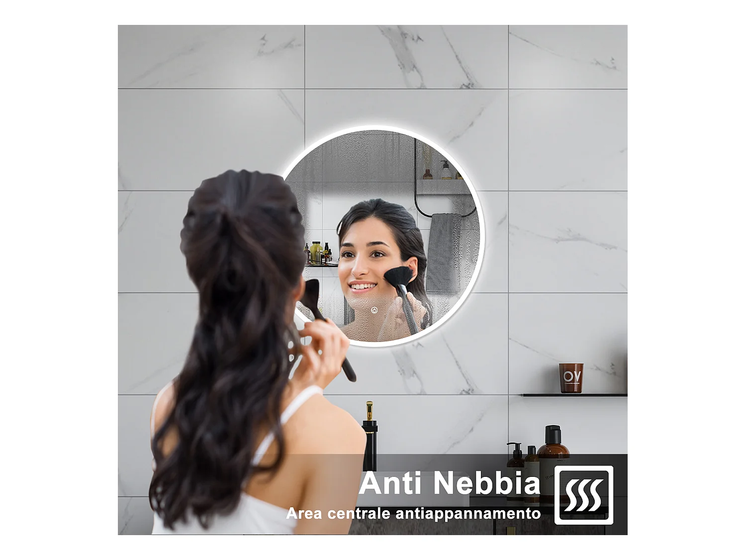 AICA Specchio da bagno 70 x 70 cm, 3 colori, antiappannamento, dimmerabile, interruttore touch, Funzione Memoria