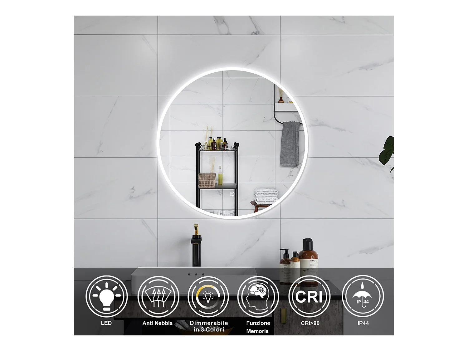 AICA Specchio da bagno 70 x 70 cm, 3 colori, antiappannamento, dimmerabile, interruttore touch, Funzione Memoria
