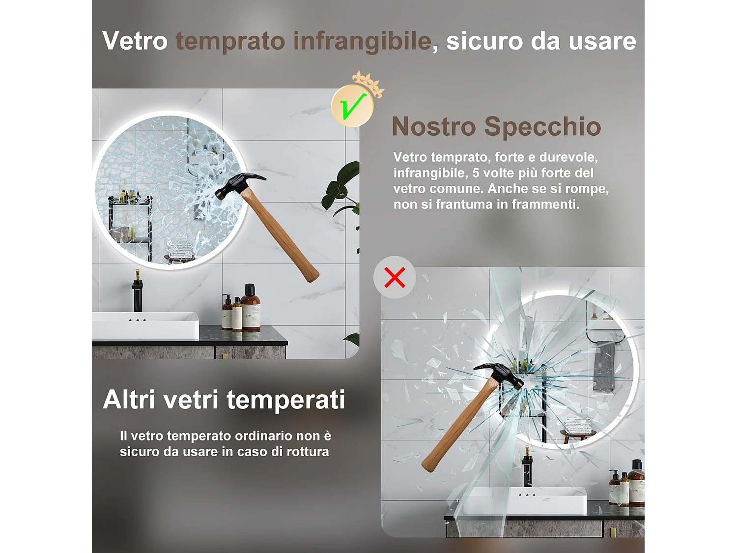 AICA Specchio da bagno 70 x 70 cm, 3 colori, antiappannamento, dimmerabile, interruttore touch, Funzione Memoria