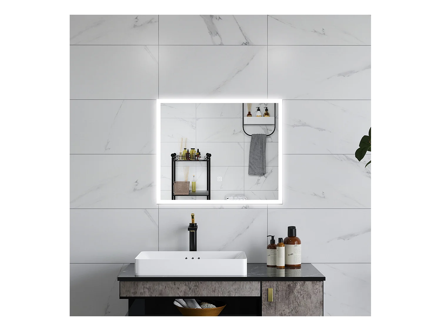 AICA Specchio da bagno  90 x 70 cm, dimmerabile, Funzione Memoria, antiappannamento, 3 colori