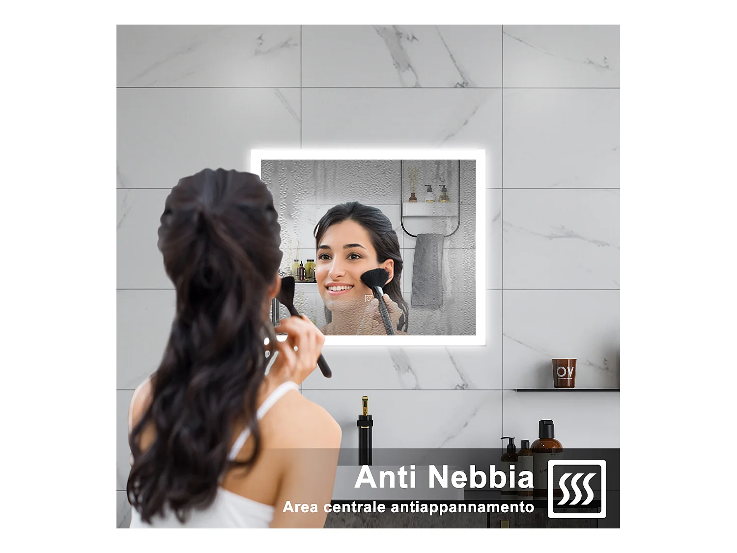 AICA Specchio da bagno  90 x 70 cm, dimmerabile, Funzione Memoria, antiappannamento, 3 colori