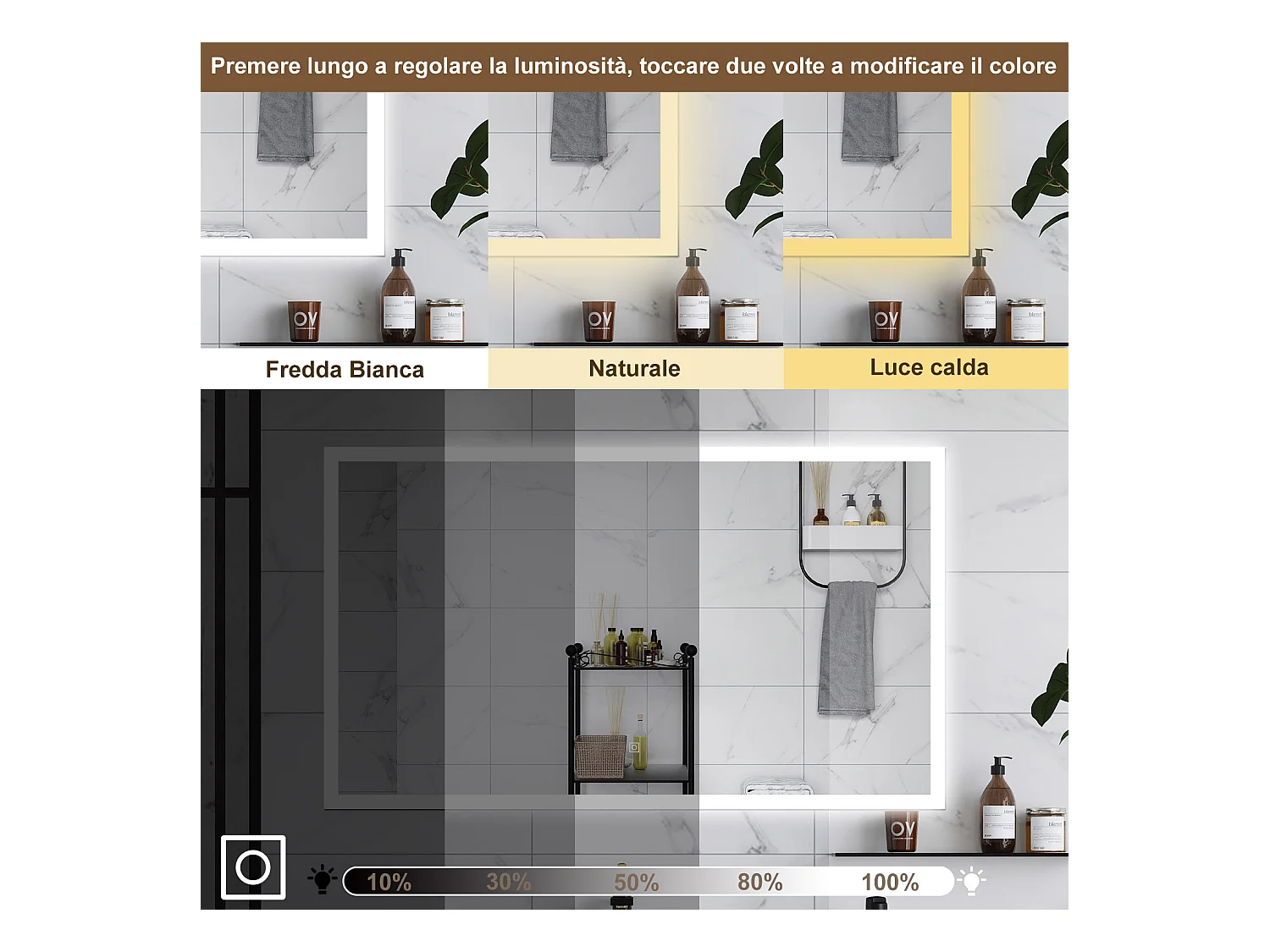 AICA Specchio da bagno  90 x 70 cm, dimmerabile, Funzione Memoria, antiappannamento, 3 colori