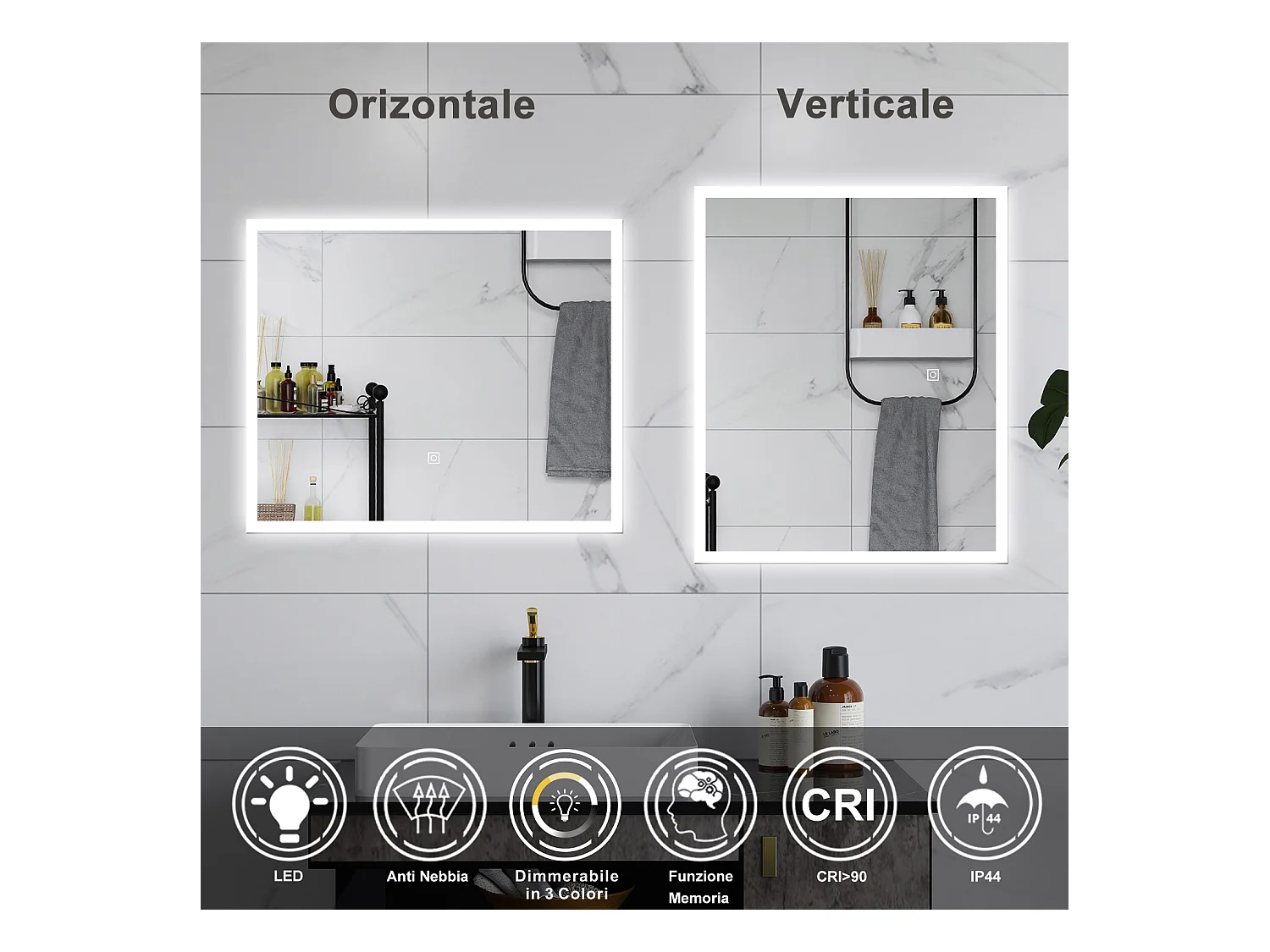 AICA Specchio da bagno  90 x 70 cm, dimmerabile, Funzione Memoria, antiappannamento, 3 colori