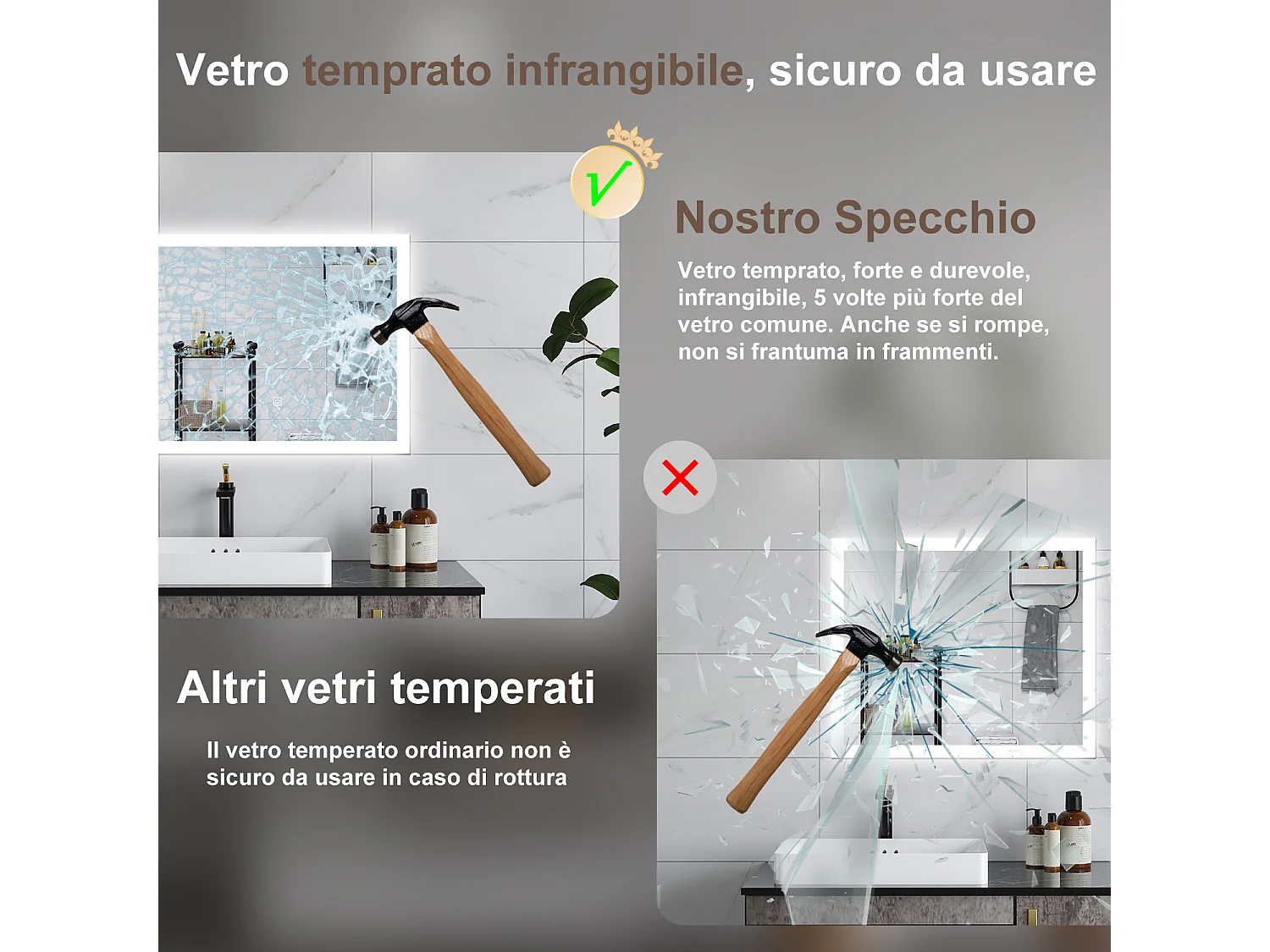 AICA Specchio da bagno  90 x 70 cm, dimmerabile, Funzione Memoria, antiappannamento, 3 colori