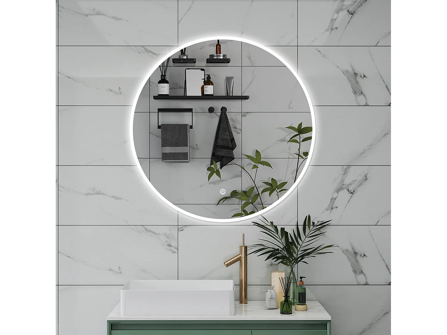 AICA Specchio da bagno 80 x 80 cm, 3 colori, antiappannamento, dimmerabile, interruttore touch, Funzione Memoria