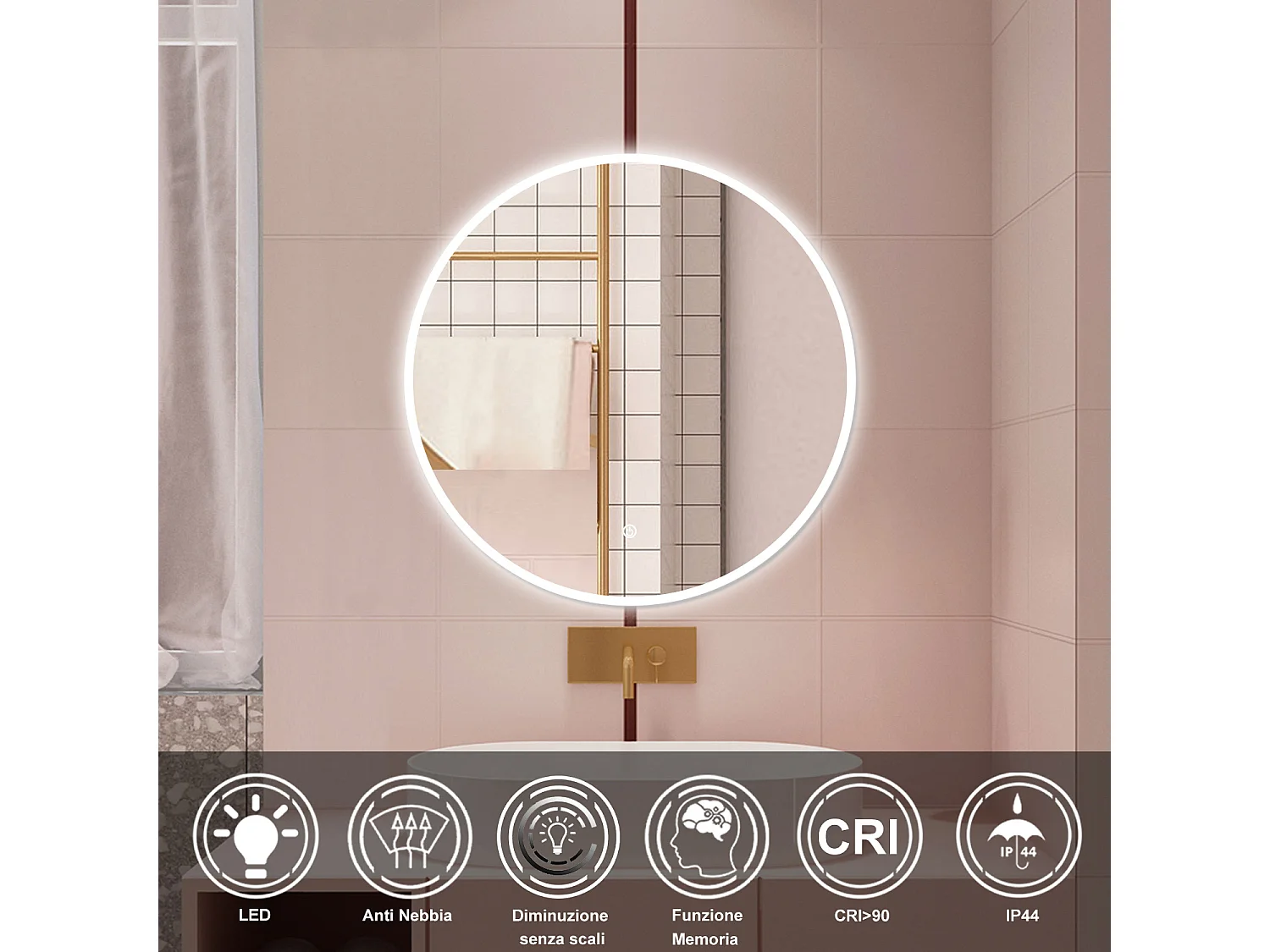 AICA Specchio da bagno 100 x 100 cm, antiappannamento, dimmerabile, interruttore touch, Funzione Memoria