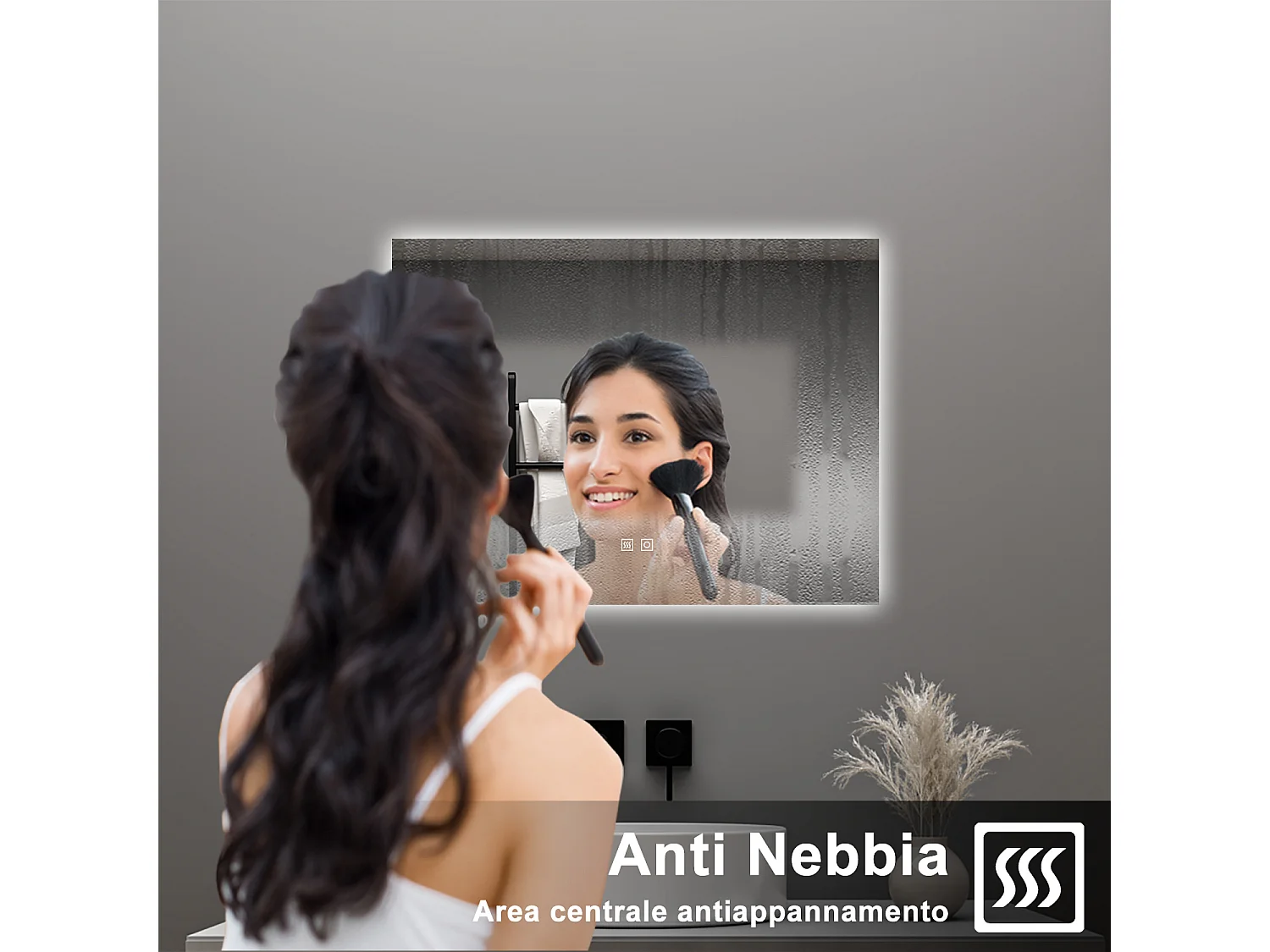 AICA Specchio da bagno 80 x 60 cm, dimmerabile, Funzione Memoria, antiappannamento, 3 colori