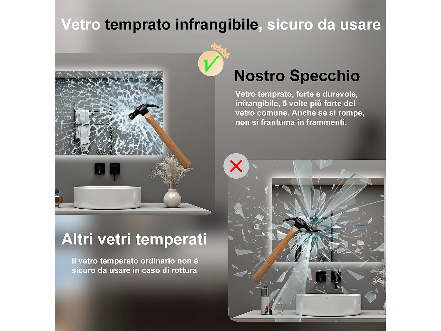 AICA Specchio da bagno 80 x 60 cm, dimmerabile, Funzione Memoria, antiappannamento, 3 colori