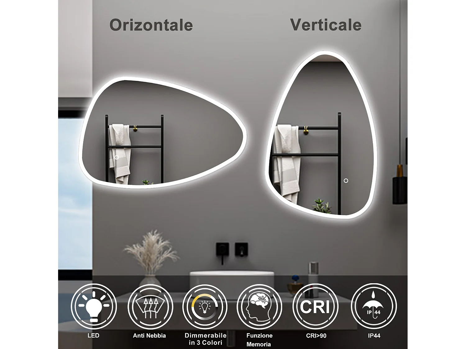 AICA Specchio da bagno 120 x 80 cm, dimmerabile, Funzione Memoria, antiappannamento, 3 colori