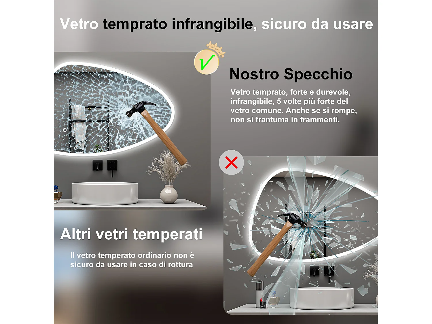 AICA Specchio da bagno 120 x 80 cm, dimmerabile, Funzione Memoria, antiappannamento, 3 colori