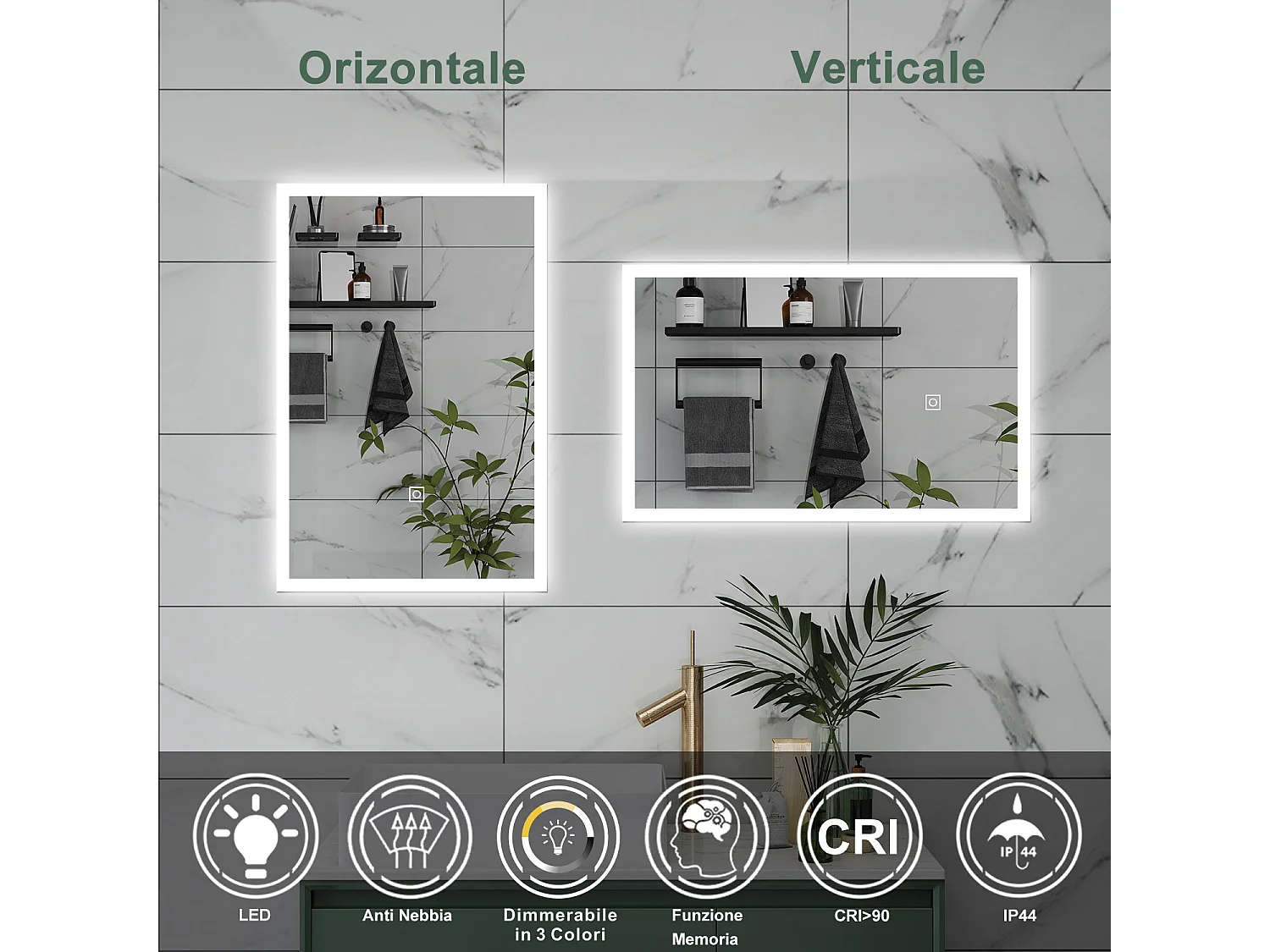 AICA Specchio da bagno  50 x 70 cm, dimmerabile, Funzione Memoria, antiappannamento, 3 colori