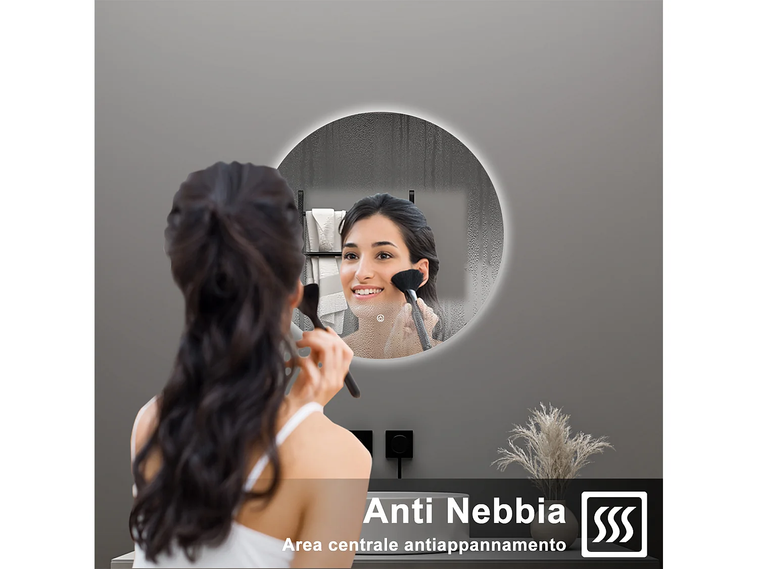 AICA Specchio da bagno 60 x 60 cm, antiappannamento, dimmerabile, interruttore touch, Funzione Memoria