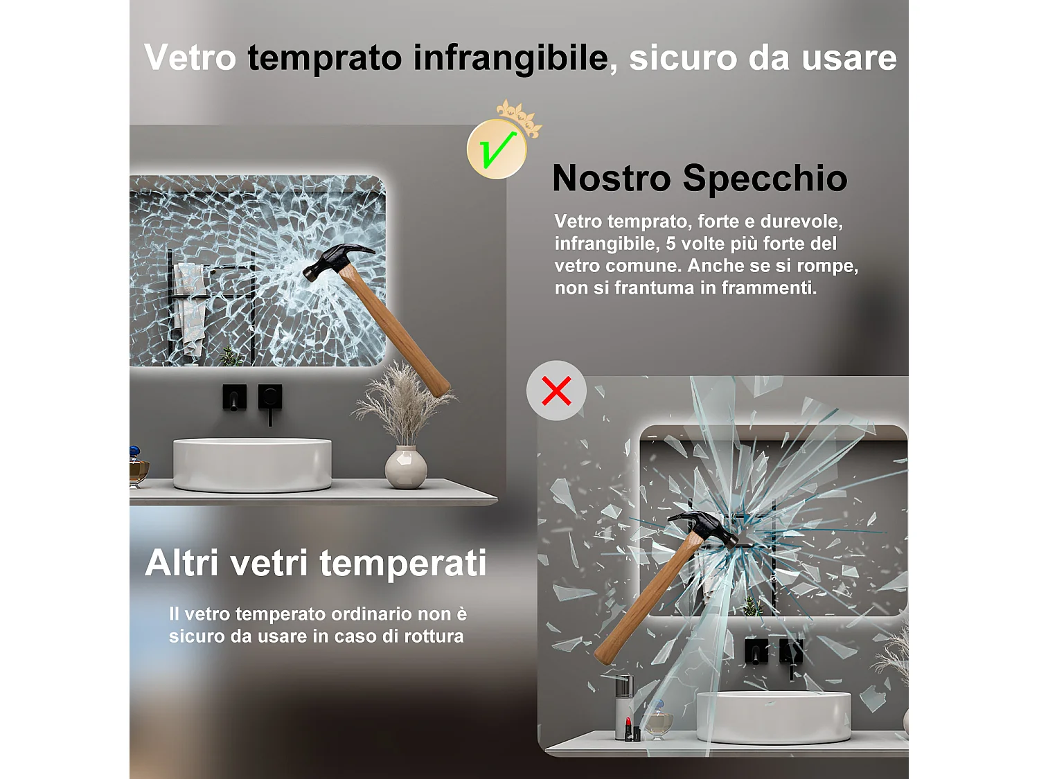 AICA Specchio da bagno 90 x 60 cm, dimmerabile, interruttore touch, Funzione Memoria