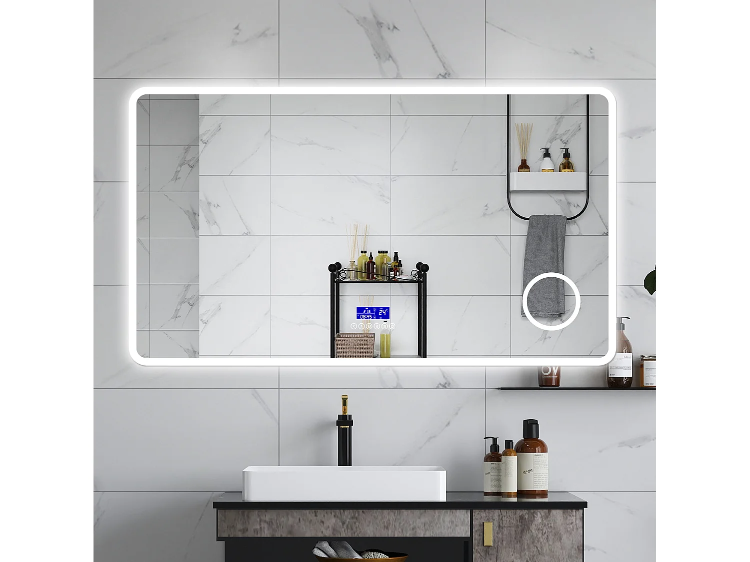 AICA Specchio da bagno  140 x 80 cm,  dimmerabile, Blue tooth,  Funzione Memoria, antiappannamento, 3 colori, Magnificatore,  orologio