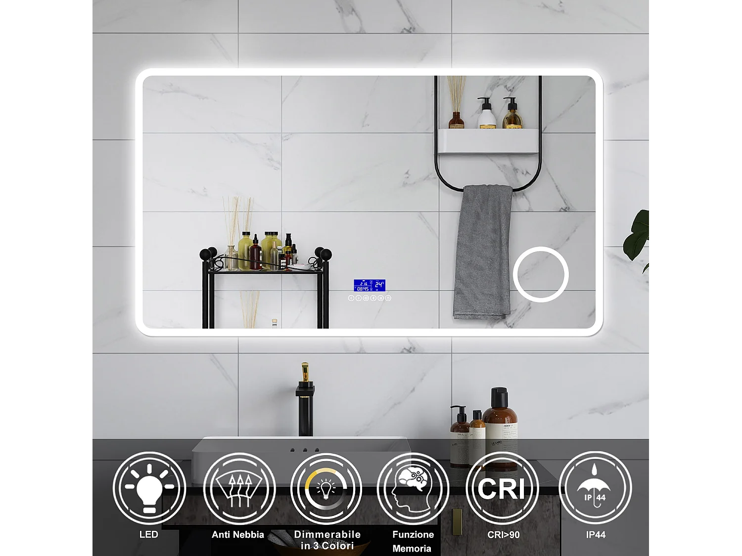AICA Specchio da bagno  140 x 80 cm,  dimmerabile, Blue tooth,  Funzione Memoria, antiappannamento, 3 colori, Magnificatore,  orologio