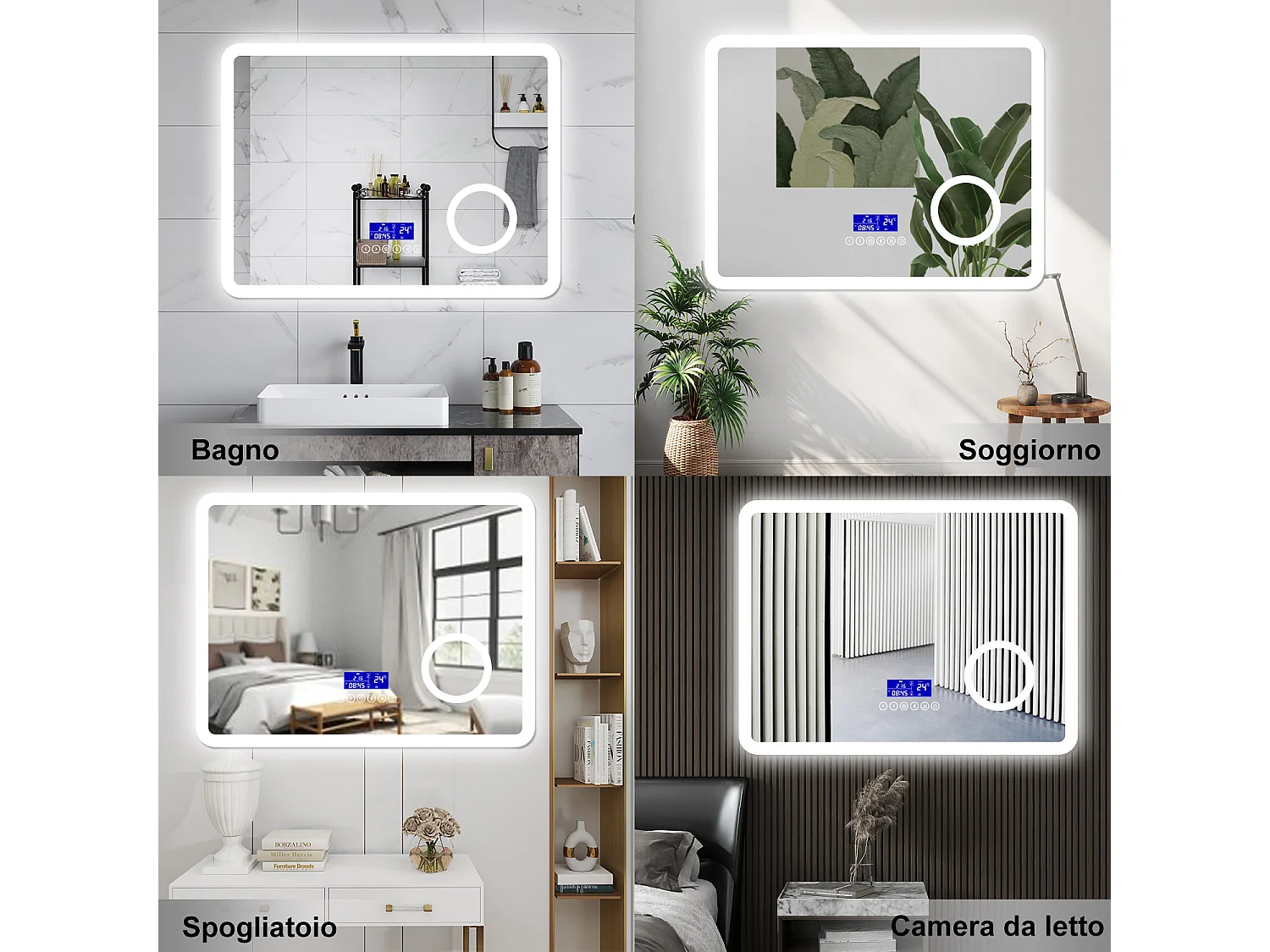 AICA Specchio da bagno  140 x 80 cm,  dimmerabile, Blue tooth,  Funzione Memoria, antiappannamento, 3 colori, Magnificatore,  orologio