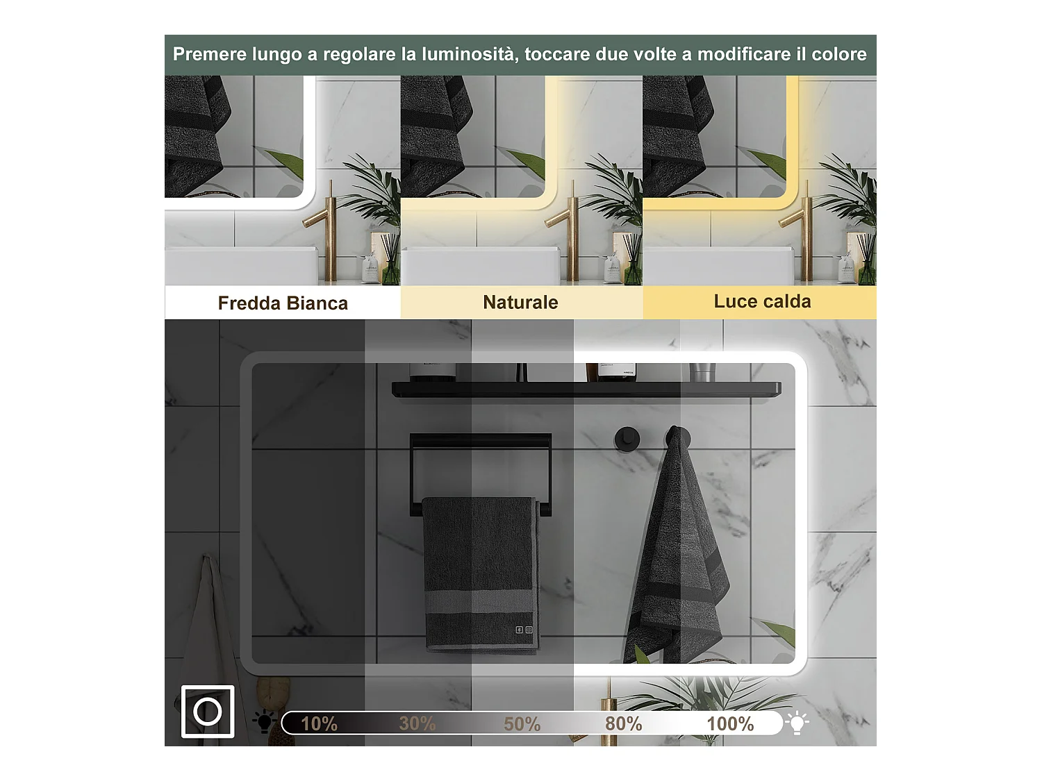 AICA Specchio da bagno  80 x 60 cm, dimmerabile, Blue tooth, Funzione Memoria, antiappannamento, 3 colori