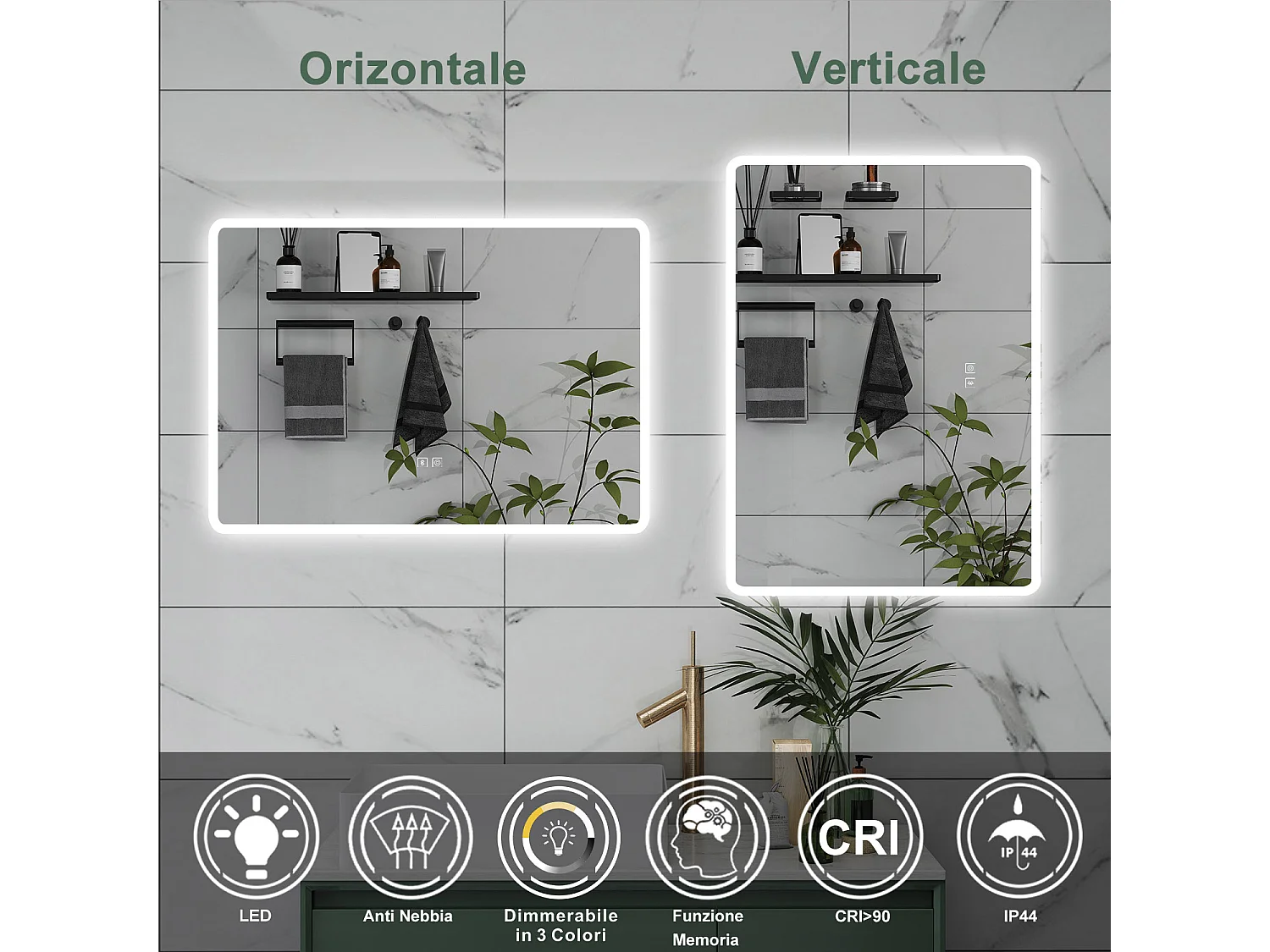 AICA Specchio da bagno  80 x 60 cm, dimmerabile, Blue tooth, Funzione Memoria, antiappannamento, 3 colori