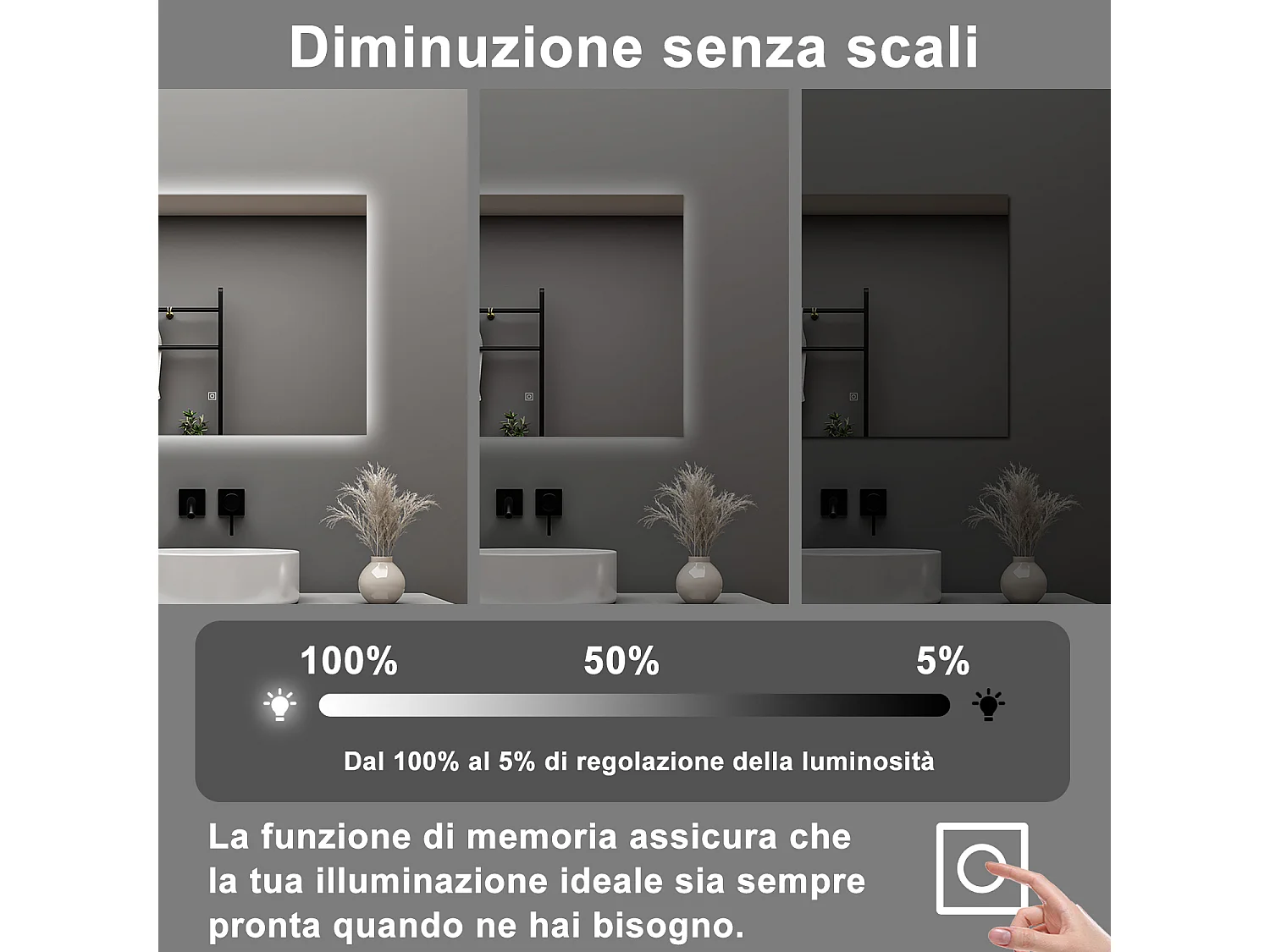 AICA Specchio da bagno 100 x 60 cm, antiappannamento, dimmerabile, interruttore touch, Funzione Memoria