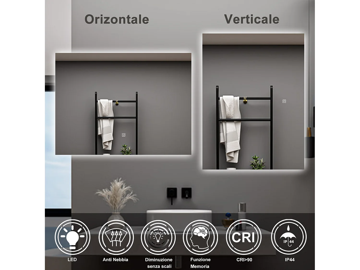 AICA Specchio da bagno 100 x 60 cm, antiappannamento, dimmerabile, interruttore touch, Funzione Memoria