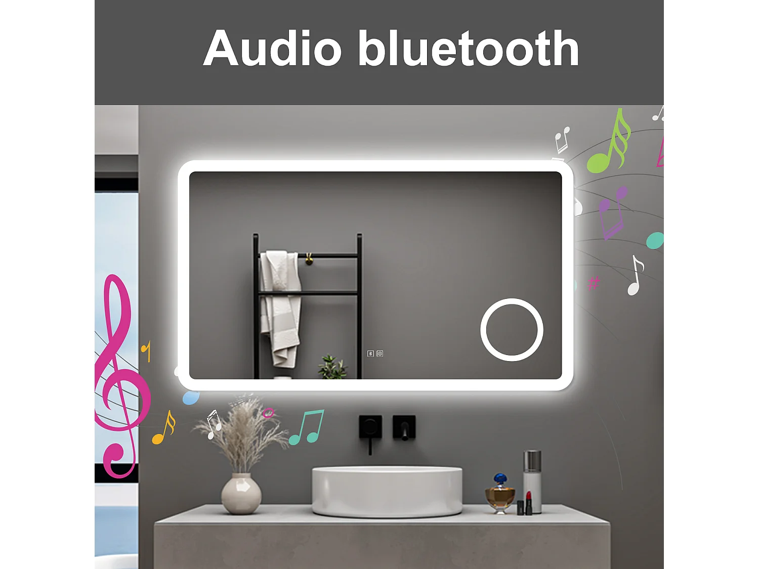 AICA Specchio da bagno  120 x 70 cm, dimmerabile, Blue tooth, Funzione Memoria, antiappannamento, 3 colori, Magnificatore