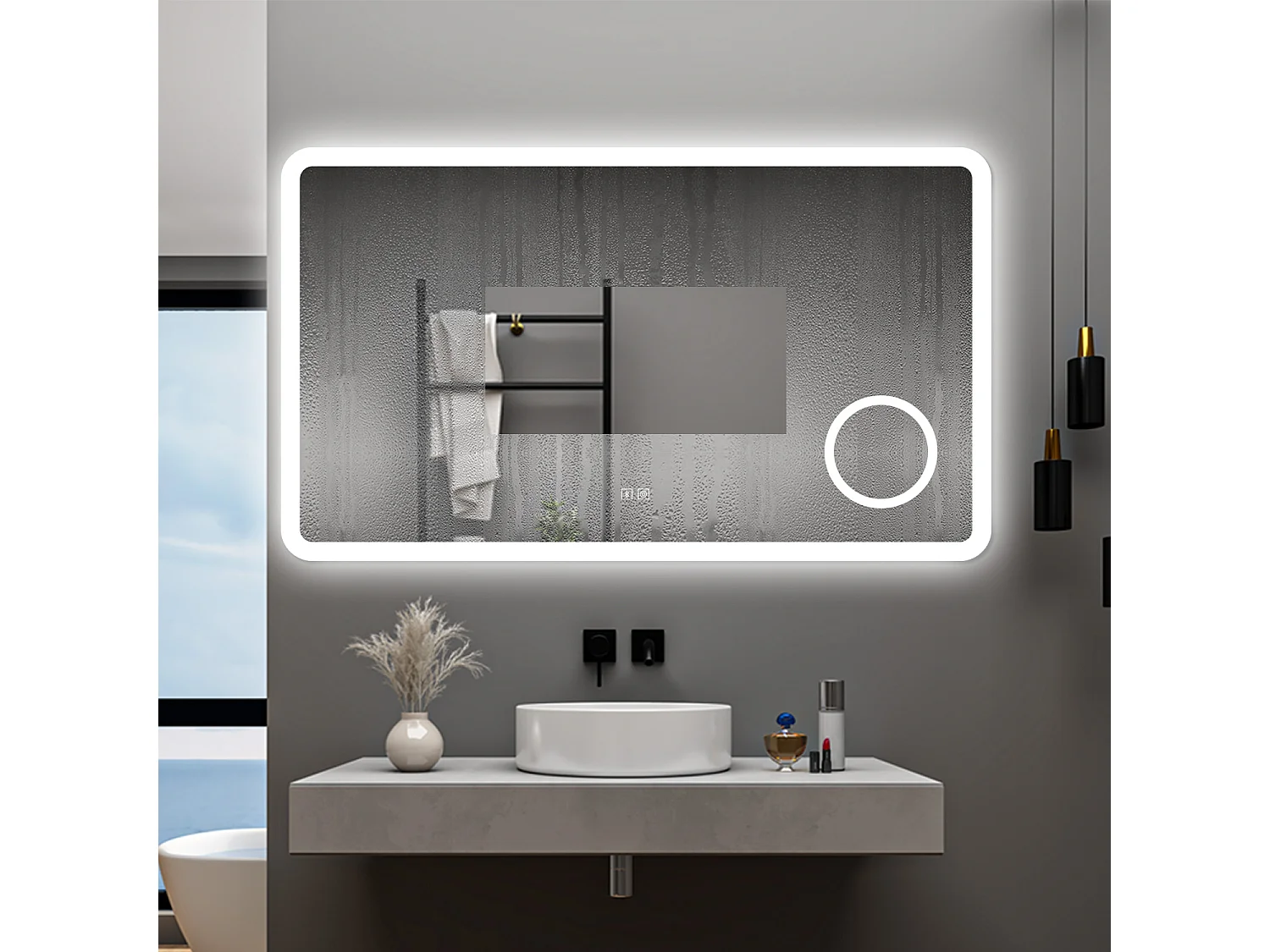 AICA Specchio da bagno  120 x 70 cm, dimmerabile, Blue tooth, Funzione Memoria, antiappannamento, 3 colori, Magnificatore