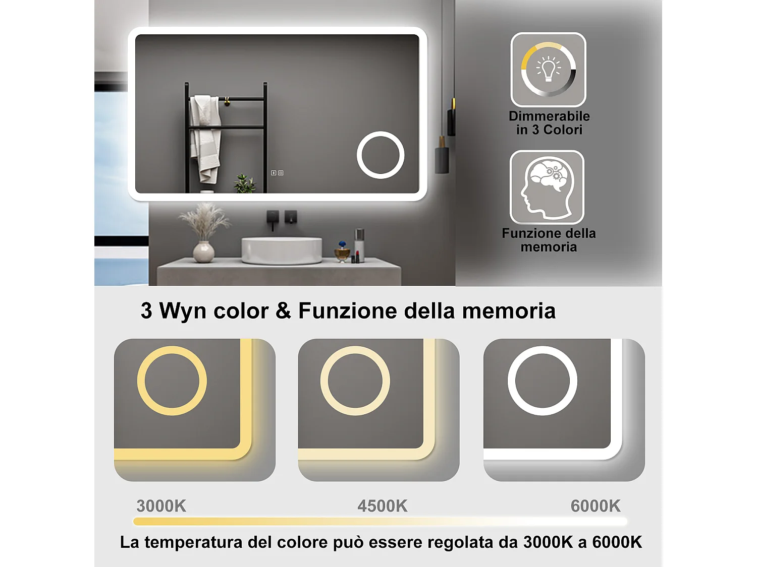 AICA Specchio da bagno  120 x 70 cm, dimmerabile, Blue tooth, Funzione Memoria, antiappannamento, 3 colori, Magnificatore