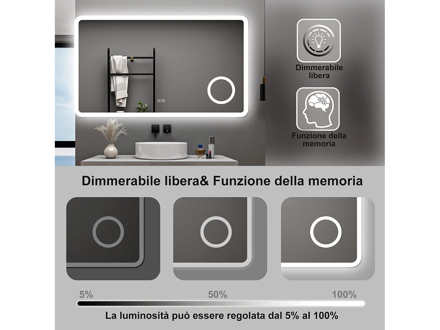 AICA Specchio da bagno  120 x 70 cm, dimmerabile, Blue tooth, Funzione Memoria, antiappannamento, 3 colori, Magnificatore