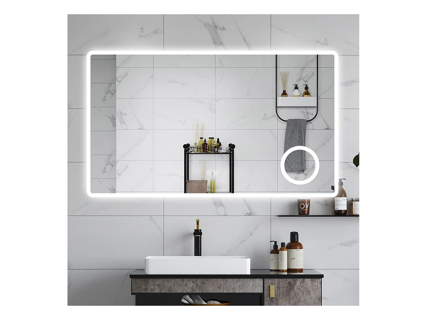 AICA Specchio da bagno  120 x 70 cm, dimmerabile, Blue tooth, Funzione Memoria, antiappannamento, 3 colori, Magnificatore