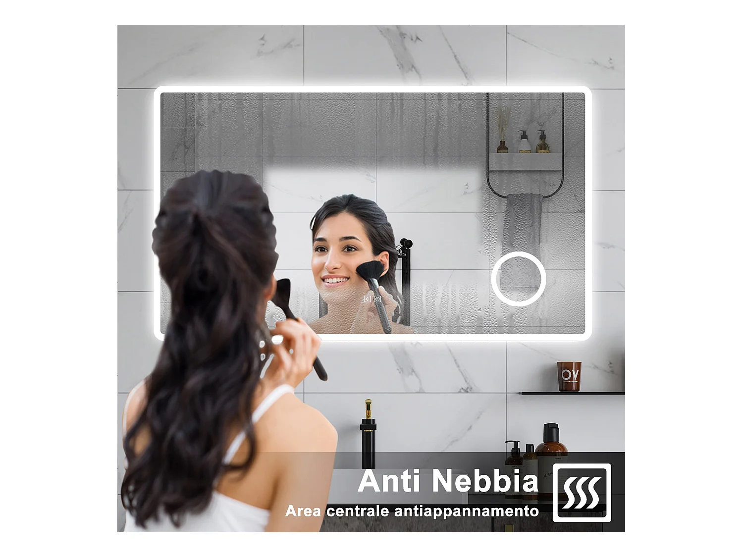 AICA Specchio da bagno  120 x 70 cm, dimmerabile, Blue tooth, Funzione Memoria, antiappannamento, 3 colori, Magnificatore