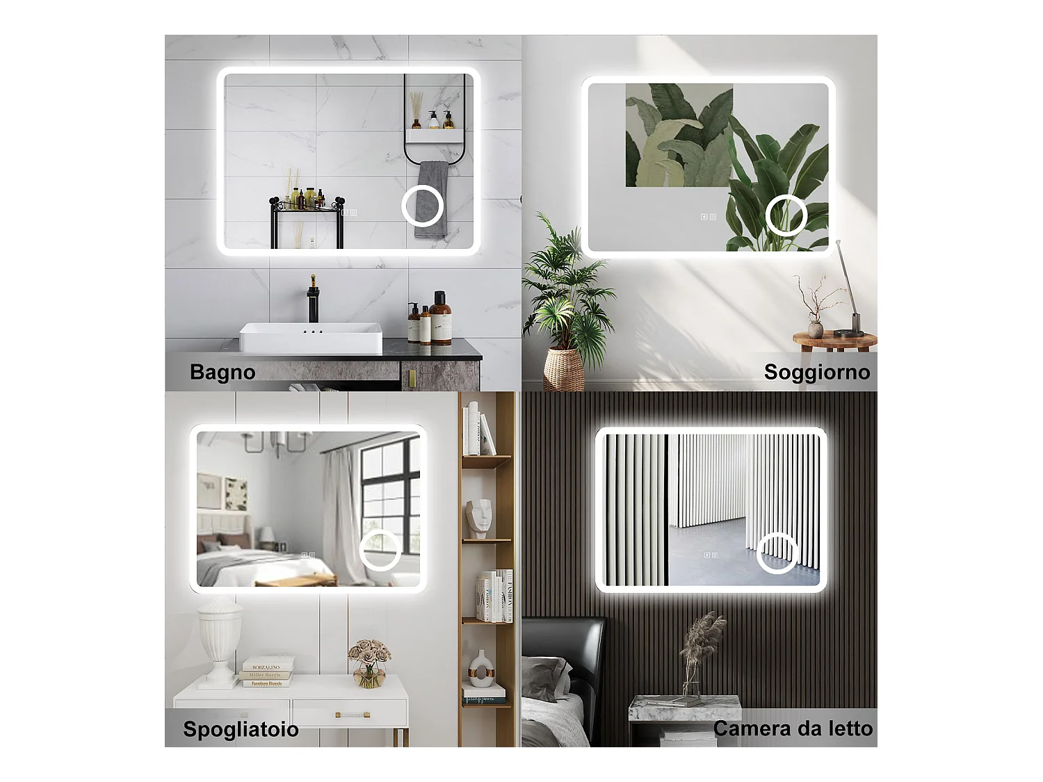 AICA Specchio da bagno  120 x 70 cm, dimmerabile, Blue tooth, Funzione Memoria, antiappannamento, 3 colori, Magnificatore