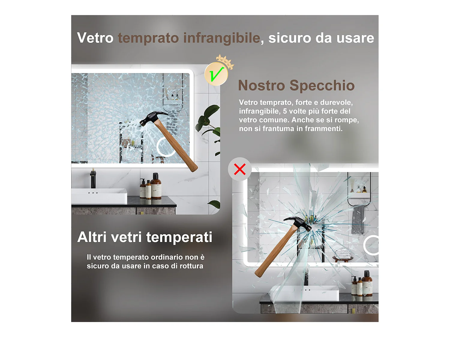 AICA Specchio da bagno  120 x 70 cm, dimmerabile, Blue tooth, Funzione Memoria, antiappannamento, 3 colori, Magnificatore