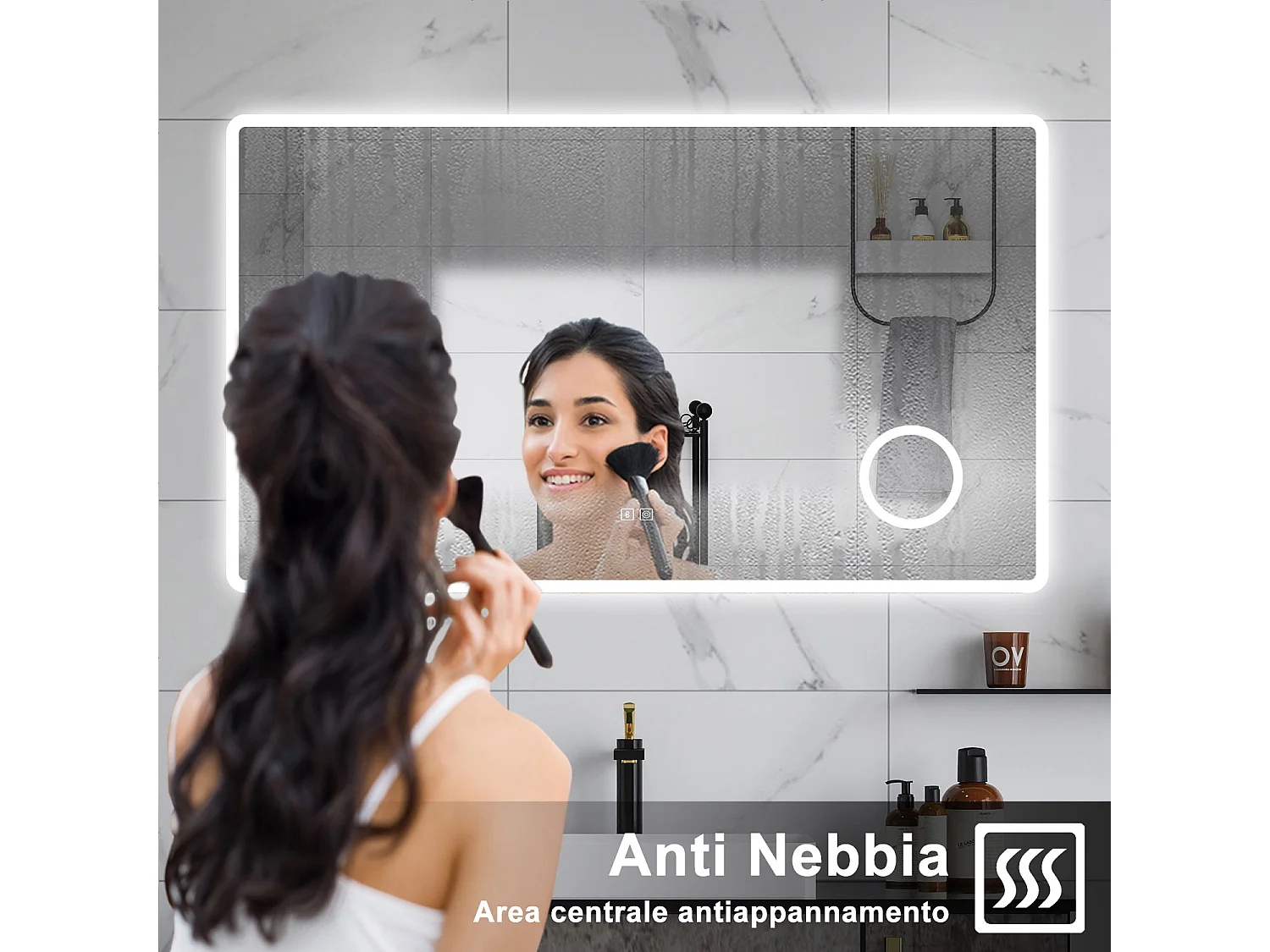 AICA Specchio da bagno  120 x 70 cm, dimmerabile, Blue tooth, Funzione Memoria, antiappannamento, 3 colori, Magnificatore