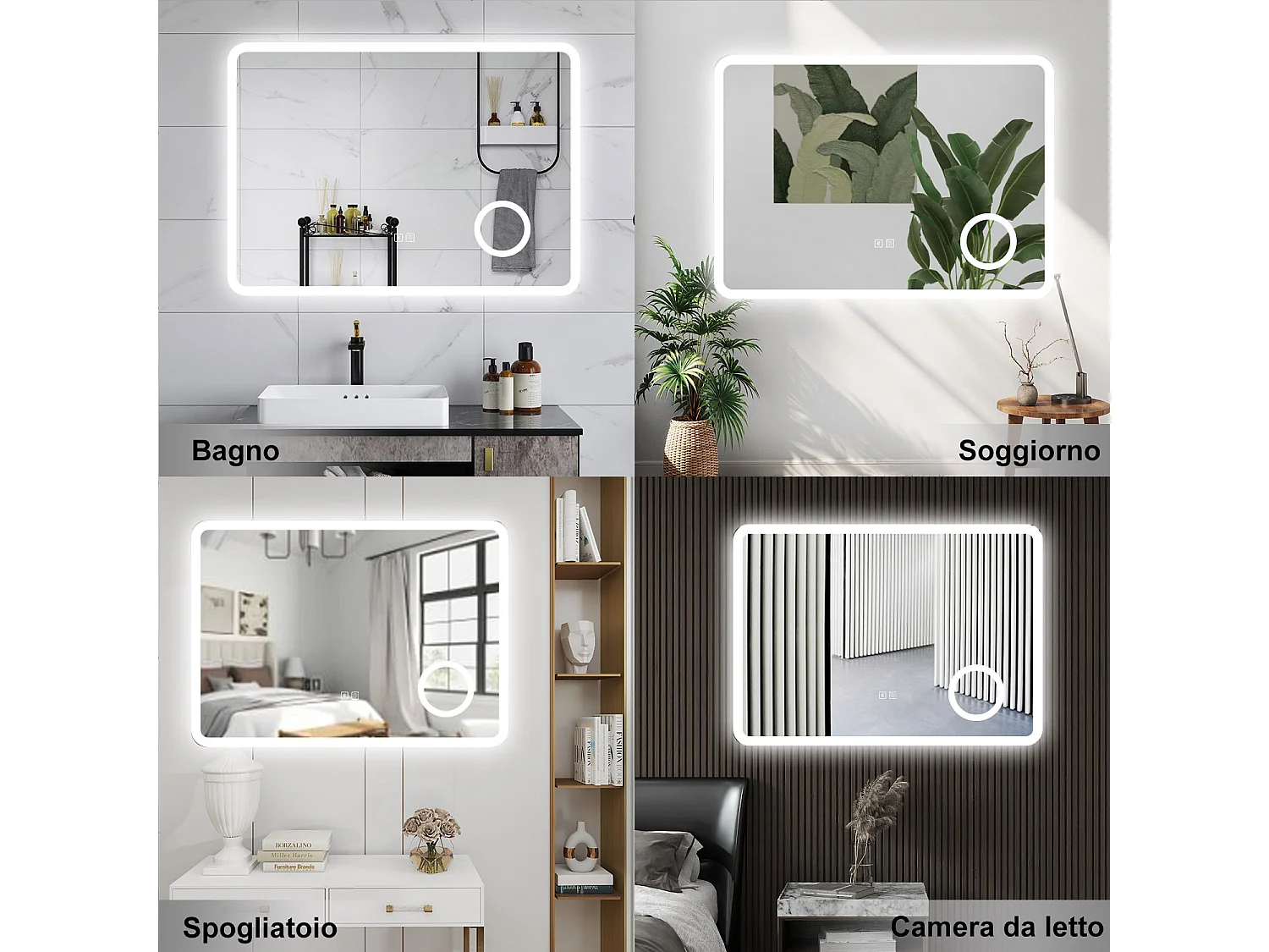 AICA Specchio da bagno  120 x 70 cm, dimmerabile, Blue tooth, Funzione Memoria, antiappannamento, 3 colori, Magnificatore