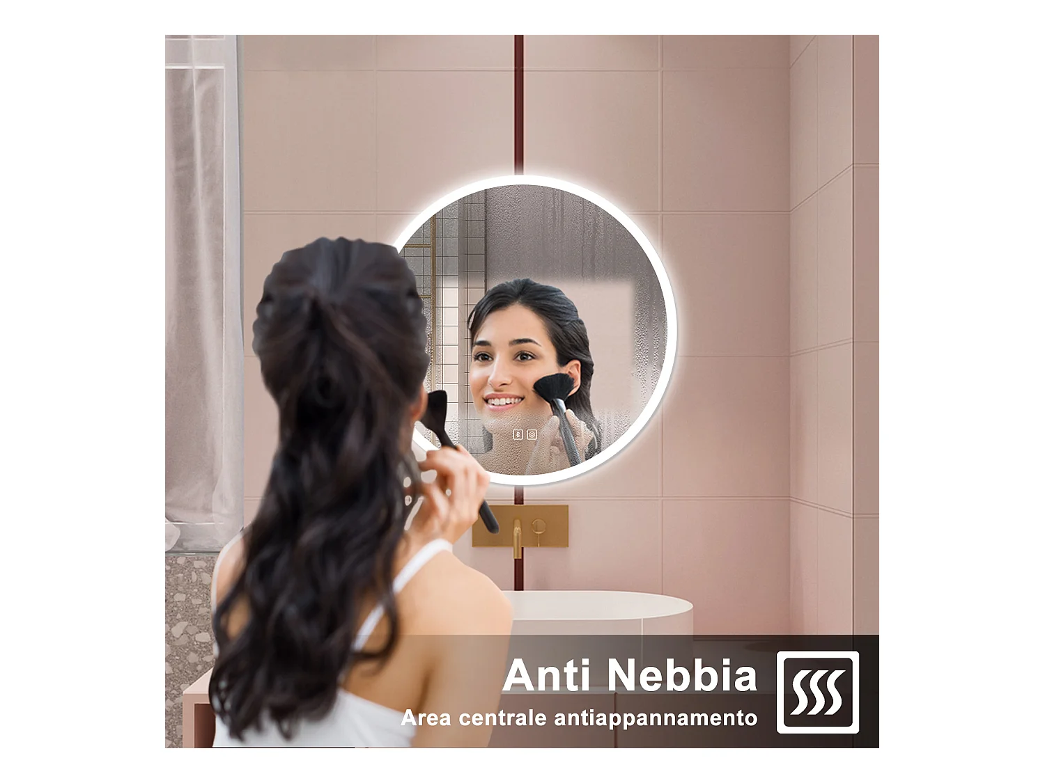 AICA Specchio da bagno 80 x 80 cm, blue tooth, 3 colori, antiappannamento, dimmerabile, interruttore touch, Funzione Memoria