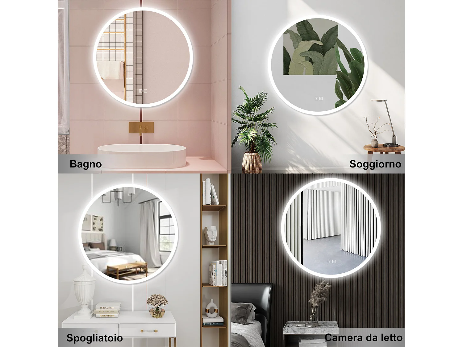 AICA Specchio da bagno 80 x 80 cm, blue tooth, 3 colori, antiappannamento, dimmerabile, interruttore touch, Funzione Memoria