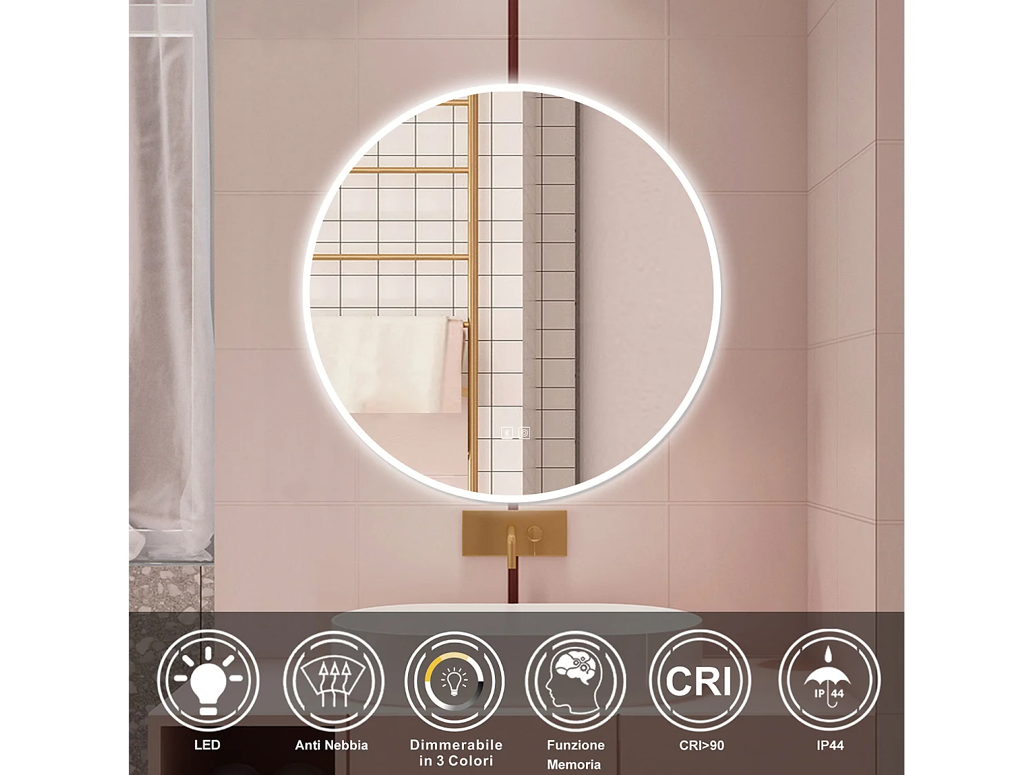 AICA Specchio da bagno 80 x 80 cm, blue tooth, 3 colori, antiappannamento, dimmerabile, interruttore touch, Funzione Memoria