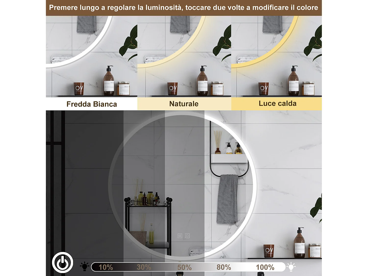 AICA Specchio da bagno 70 x 70 cm, 3 colori, antiappannamento, dimmerabile, interruttore touch, Funzione Memoria