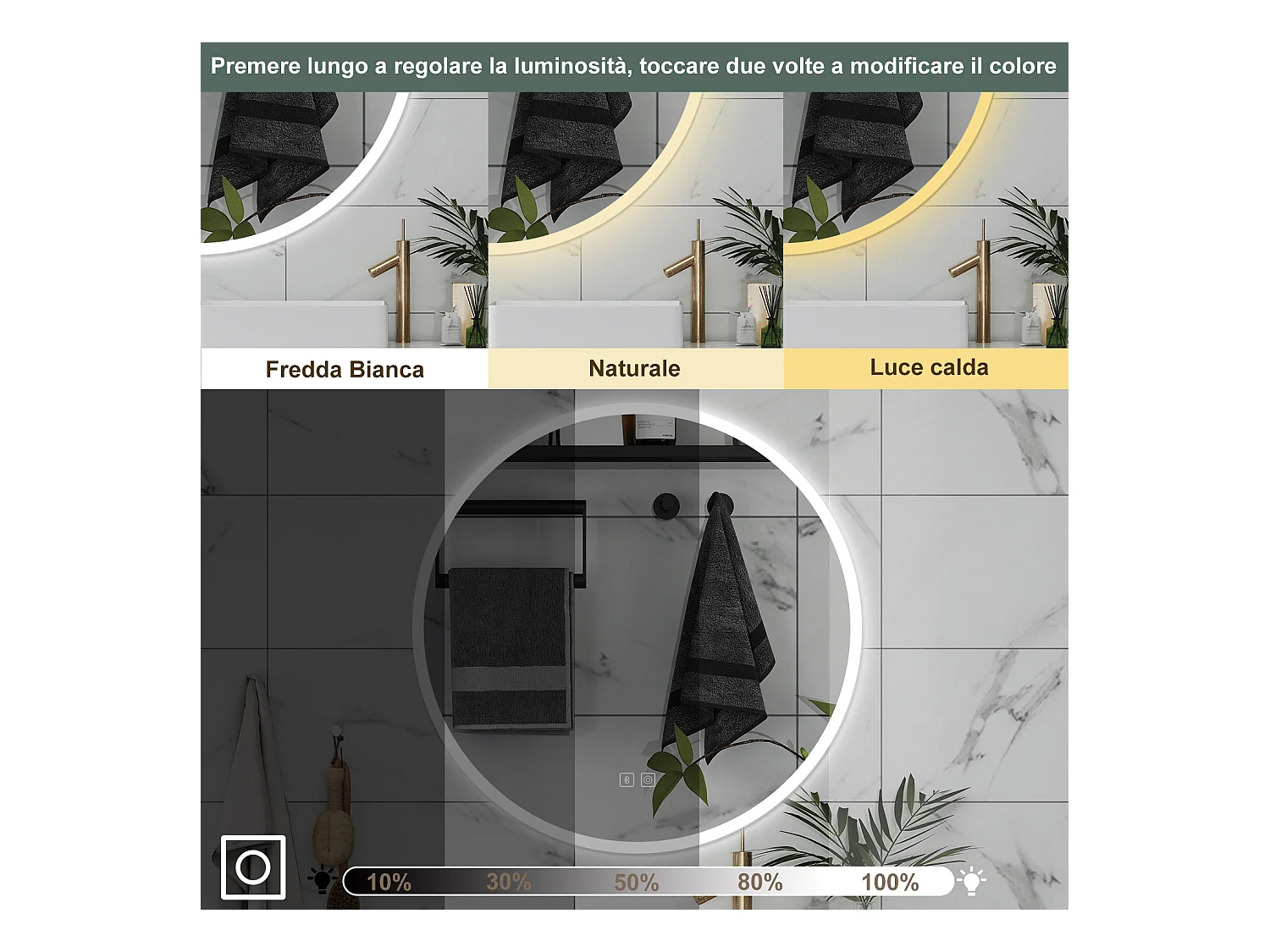 AICA Specchio da bagno 80 x 80 cm, blue tooth, 3 colori, antiappannamento, dimmerabile, interruttore touch, Funzione Memoria