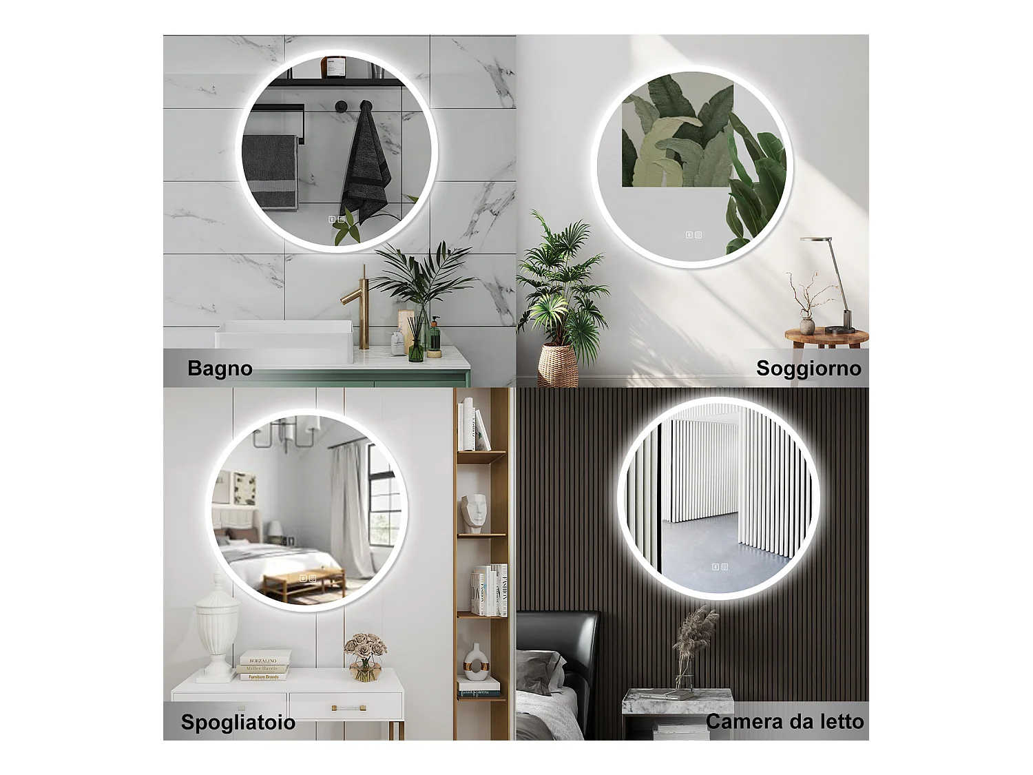 AICA Specchio da bagno 80 x 80 cm, blue tooth, 3 colori, antiappannamento, dimmerabile, interruttore touch, Funzione Memoria