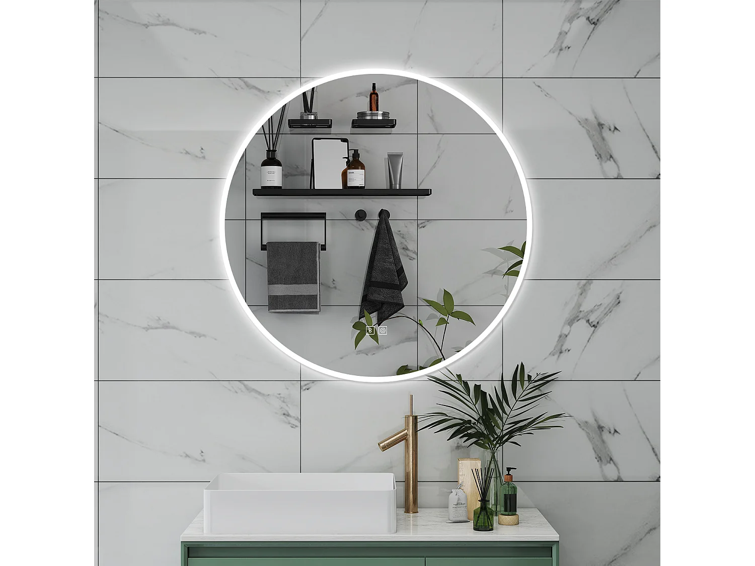 AICA Specchio da bagno 80 x 80 cm, blue tooth, 3 colori, antiappannamento, dimmerabile, interruttore touch, Funzione Memoria