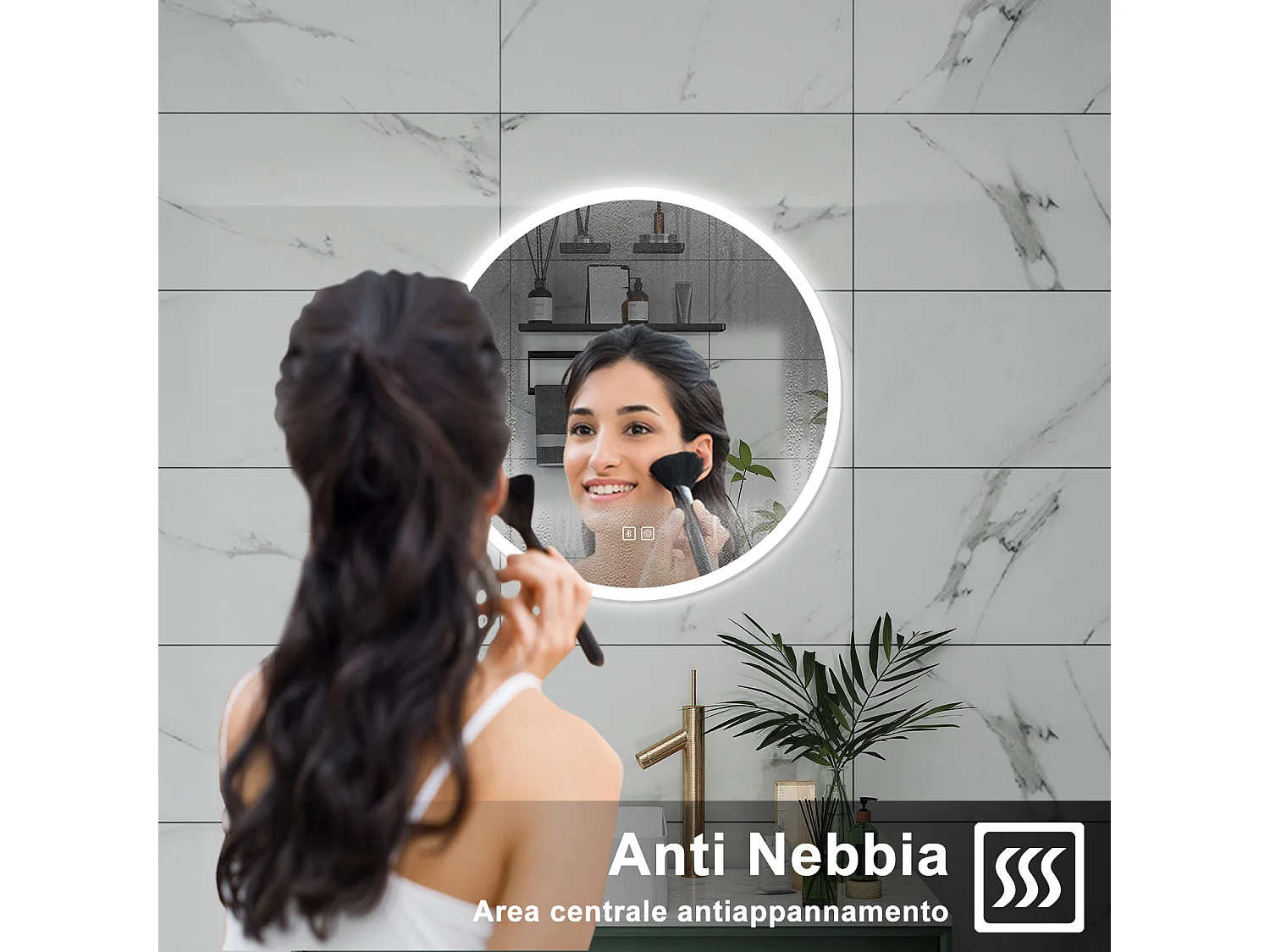 AICA Specchio da bagno 80 x 80 cm, blue tooth, 3 colori, antiappannamento, dimmerabile, interruttore touch, Funzione Memoria