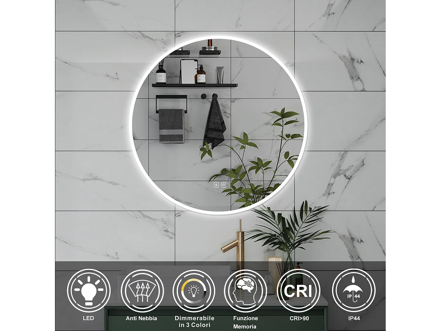 AICA Specchio da bagno 80 x 80 cm, blue tooth, 3 colori, antiappannamento, dimmerabile, interruttore touch, Funzione Memoria