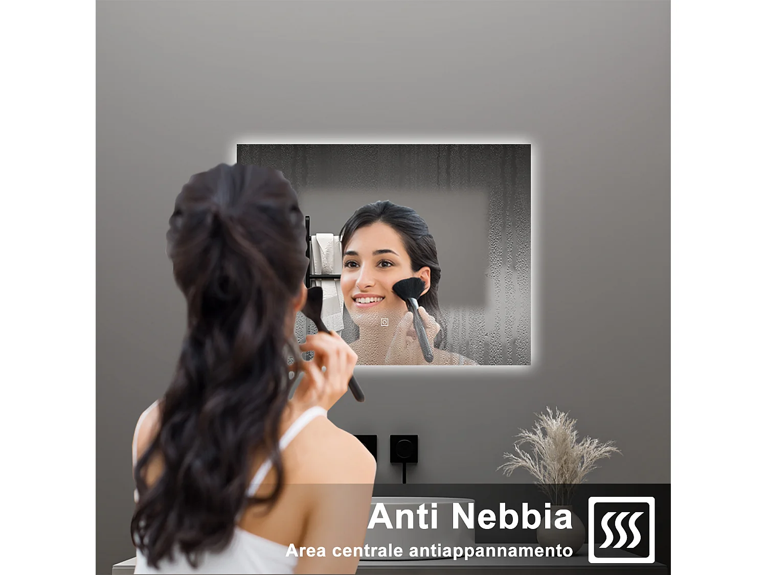 AICA Specchio da bagno 80 x 60 cm, antiappannamento, dimmerabile, interruttore touch, Funzione Memoria