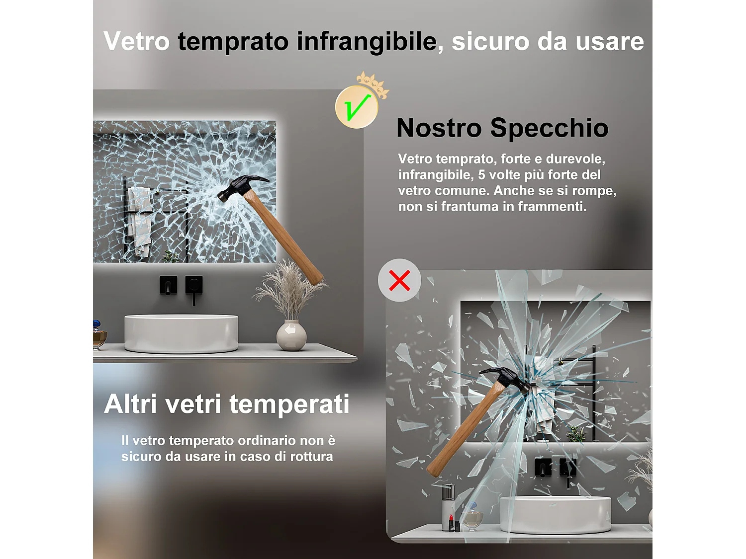 AICA Specchio da bagno 80 x 60 cm, antiappannamento, dimmerabile, interruttore touch, Funzione Memoria