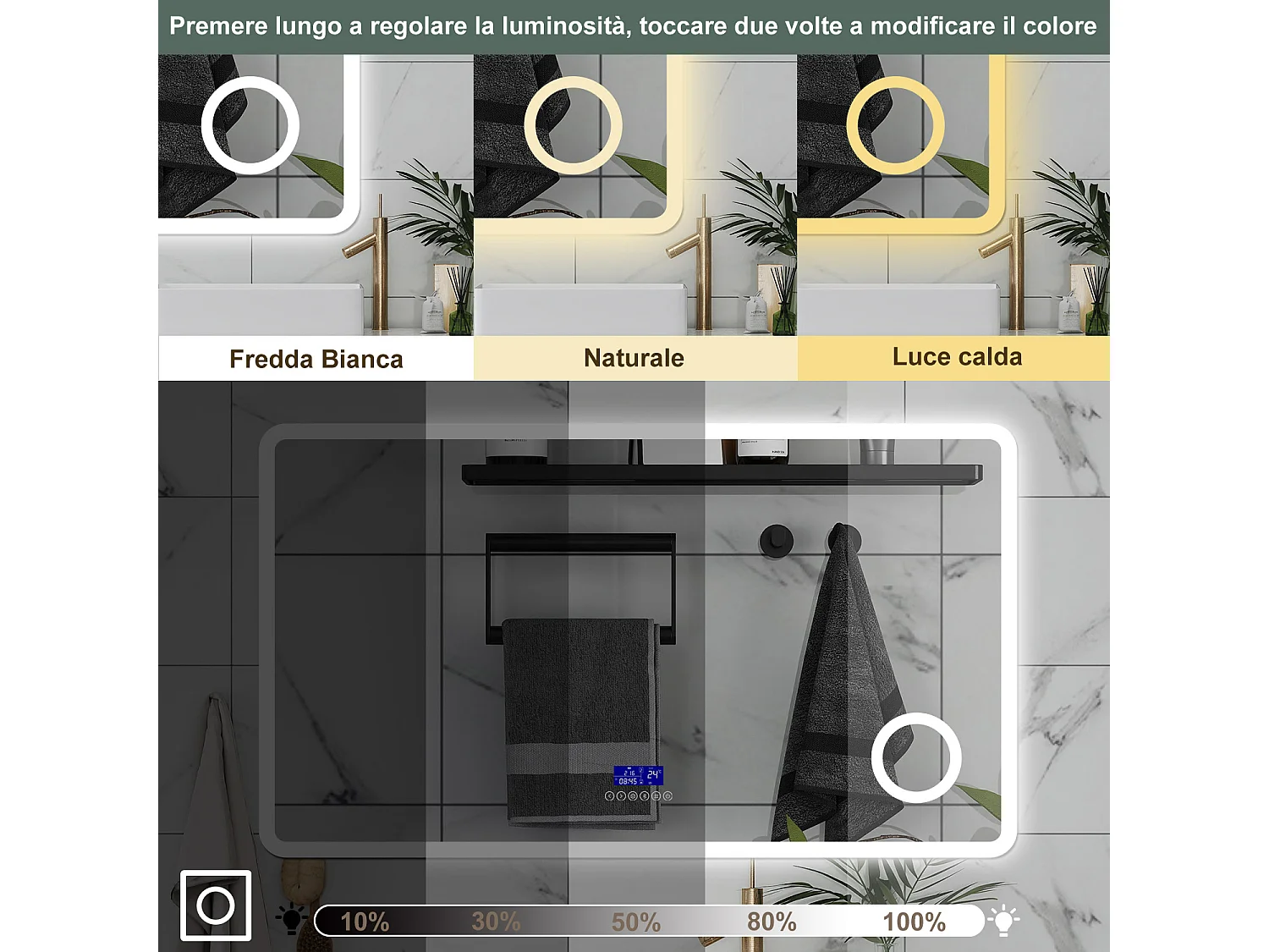 AICA Specchio da bagno  120 x 70 cm, dimmerabile, Blue tooth, Funzione Memoria, antiappannamento, 3 colori, Magnificatore,  orologio