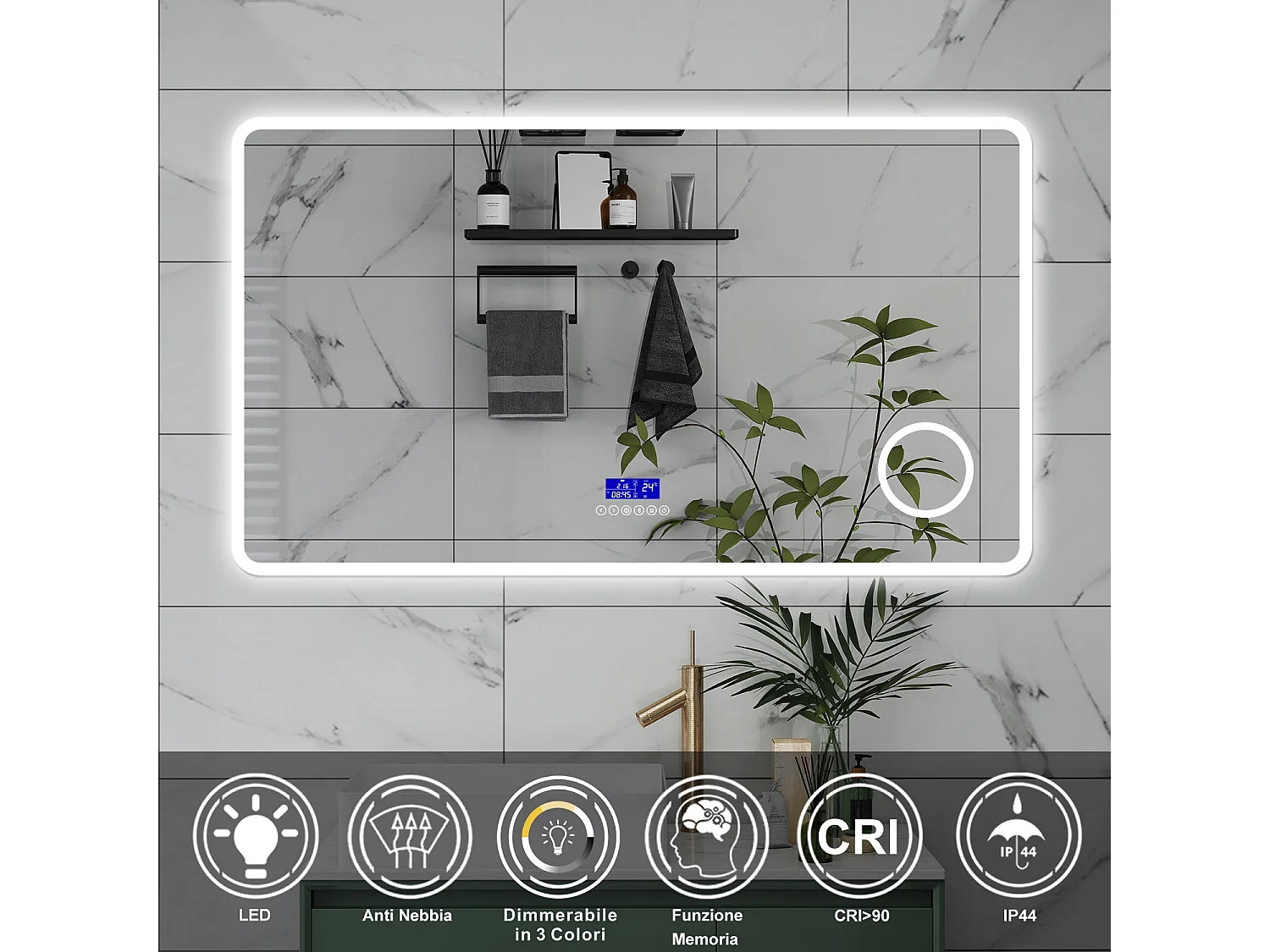 AICA Specchio da bagno  120 x 70 cm, dimmerabile, Blue tooth, Funzione Memoria, antiappannamento, 3 colori, Magnificatore,  orologio