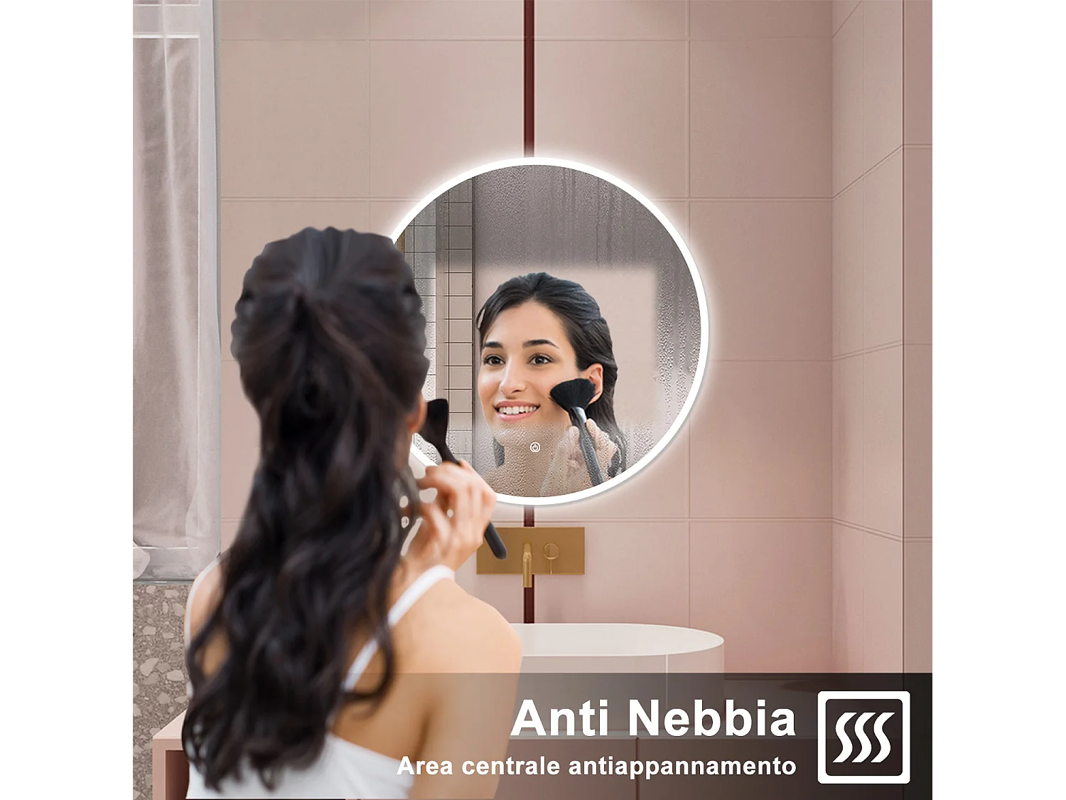 AICA Specchio da bagno 60 x 60 cm, antiappannamento, dimmerabile, interruttore touch, Funzione Memoria